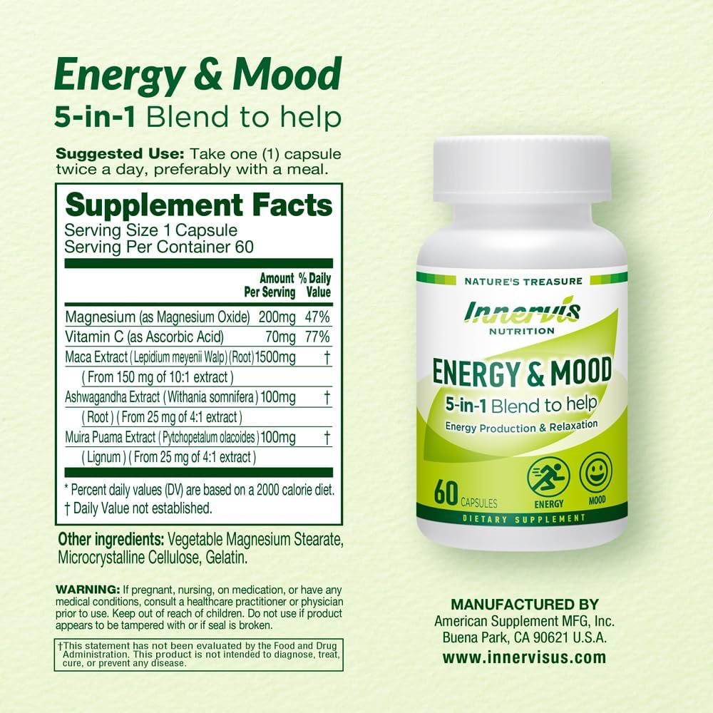60 Capsules INNERVISNUTRITION Energy & Mood Supplement - 5-in-1 Formula for Energy, Relaxation, and Stress Relief - Non-GMO & Lab Tested