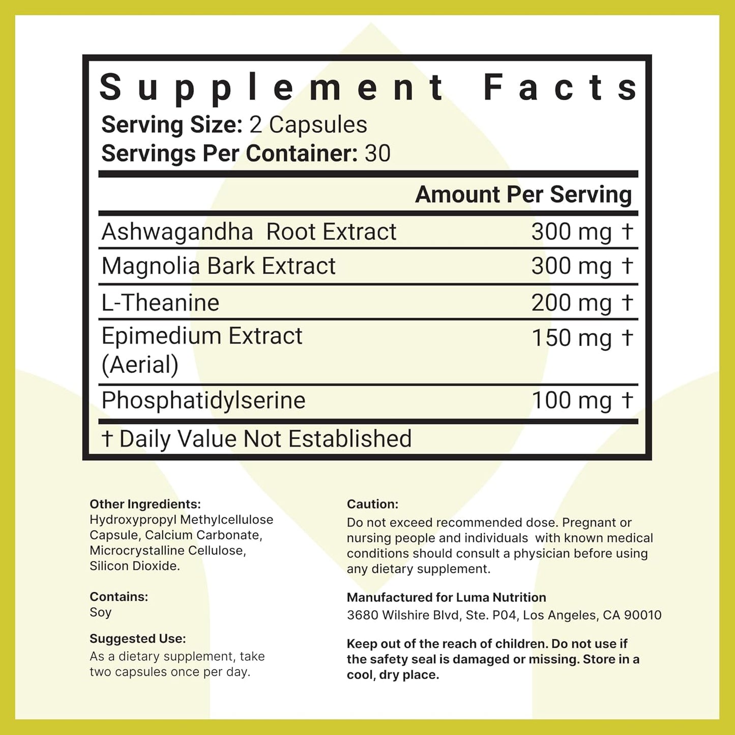 60 Capsules Luma Nutrition Cortisol Reducer with Ashwagandha & L-Theanine - Stress Management Supplement