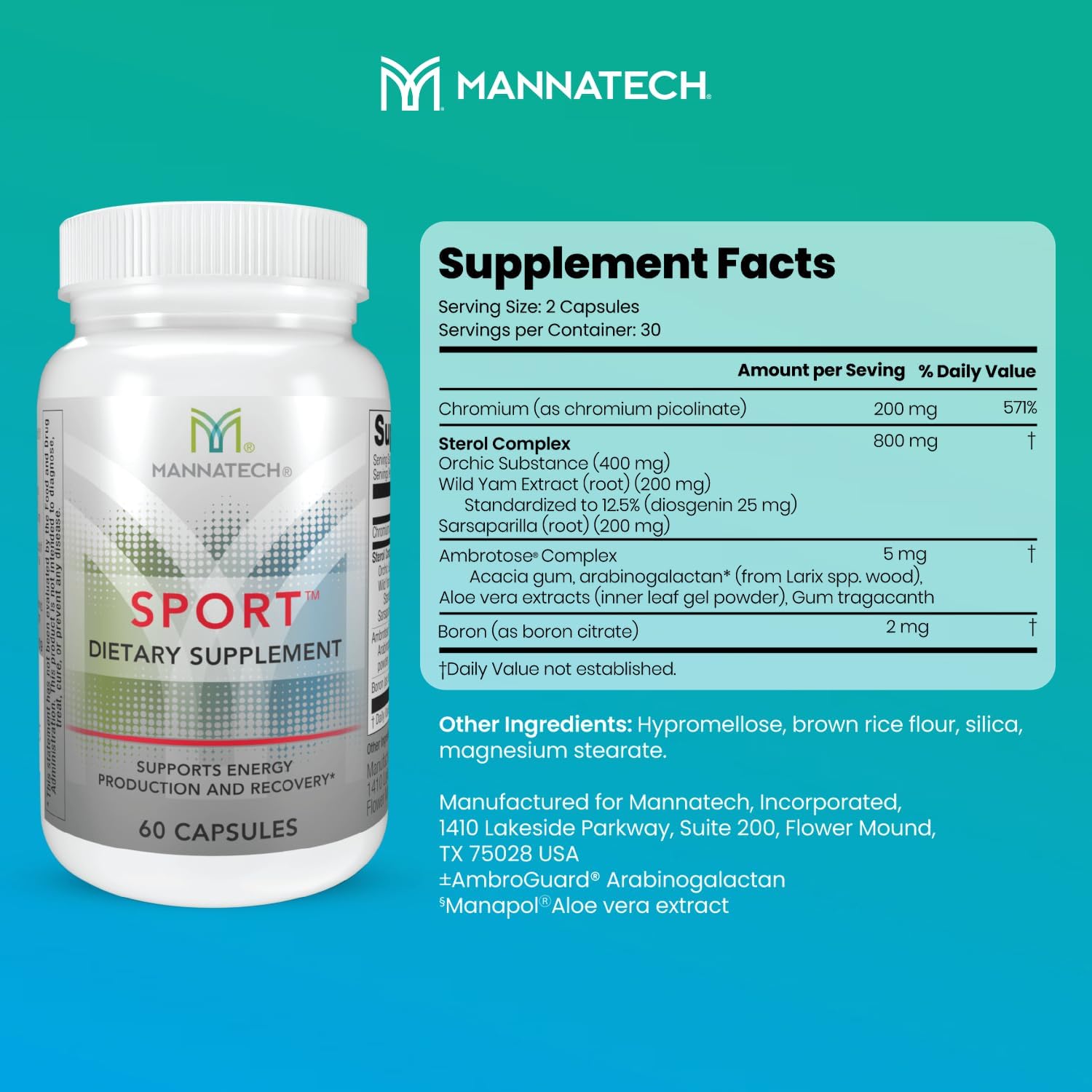 60 Capsules Mannatech Sport Vitamins for Energy, Production, and Recovery with Boron, Chromium, and Natural Herbs
