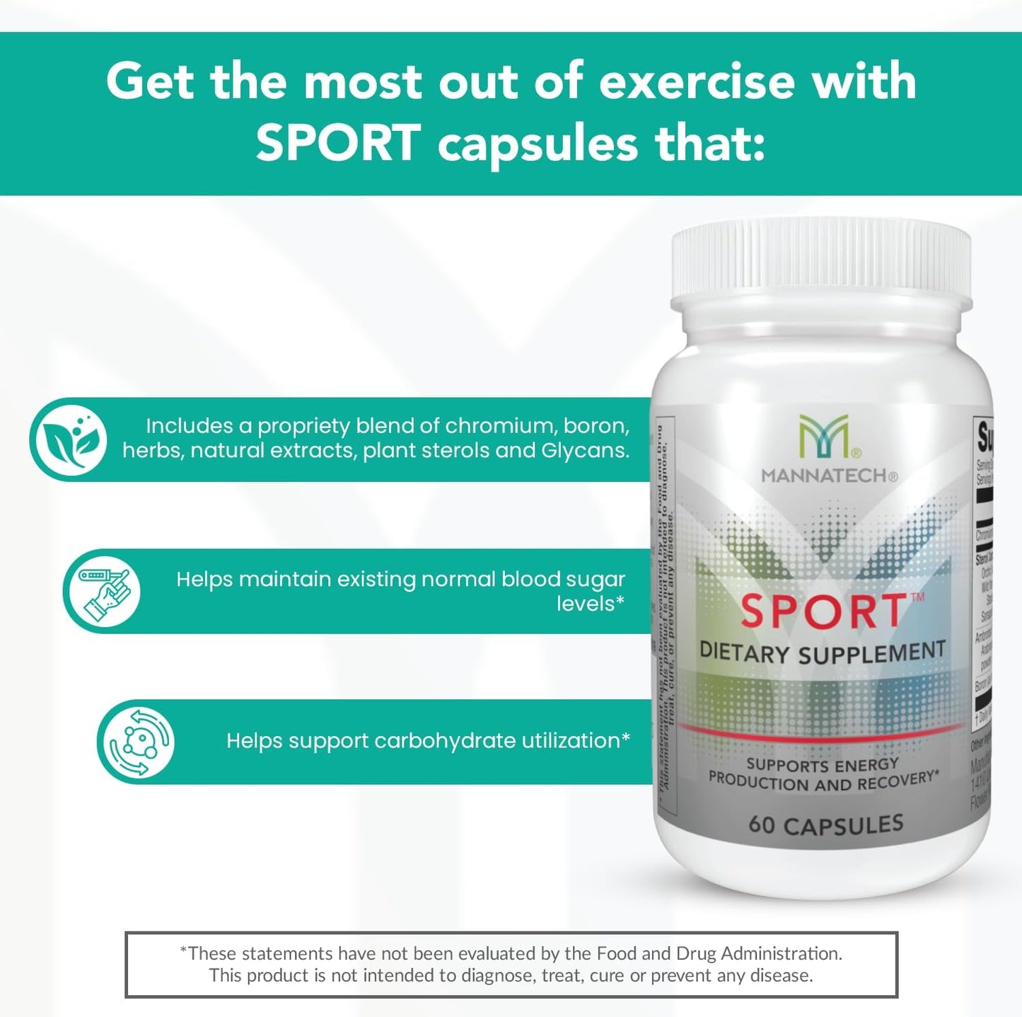 60 Capsules Mannatech Sport Vitamins for Energy, Production, and Recovery with Boron, Chromium, and Natural Herbs