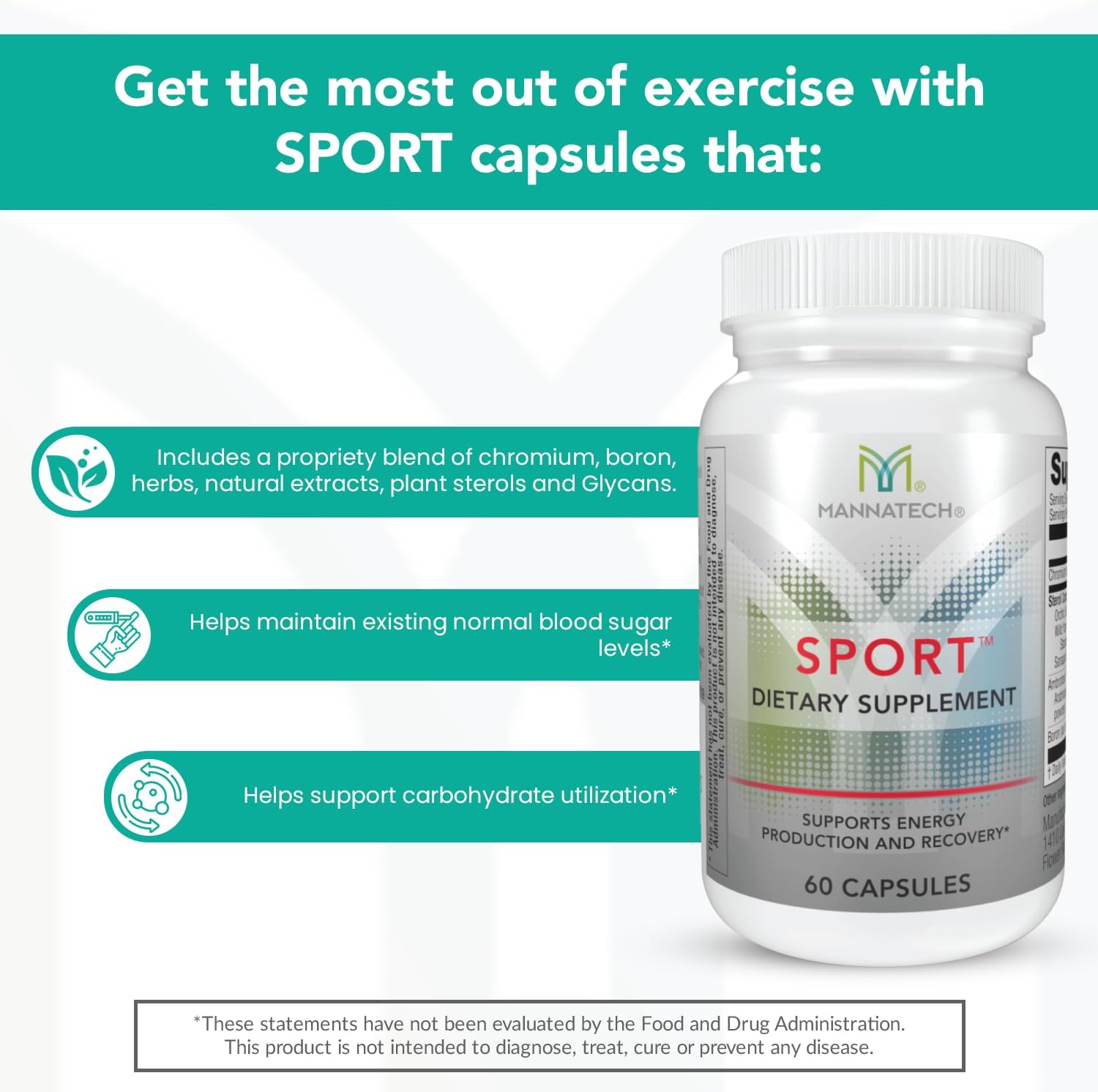 60 Capsules Mannatech Sport Vitamins for Energy, Production, and Recovery with Boron, Chromium, and Natural Herbs