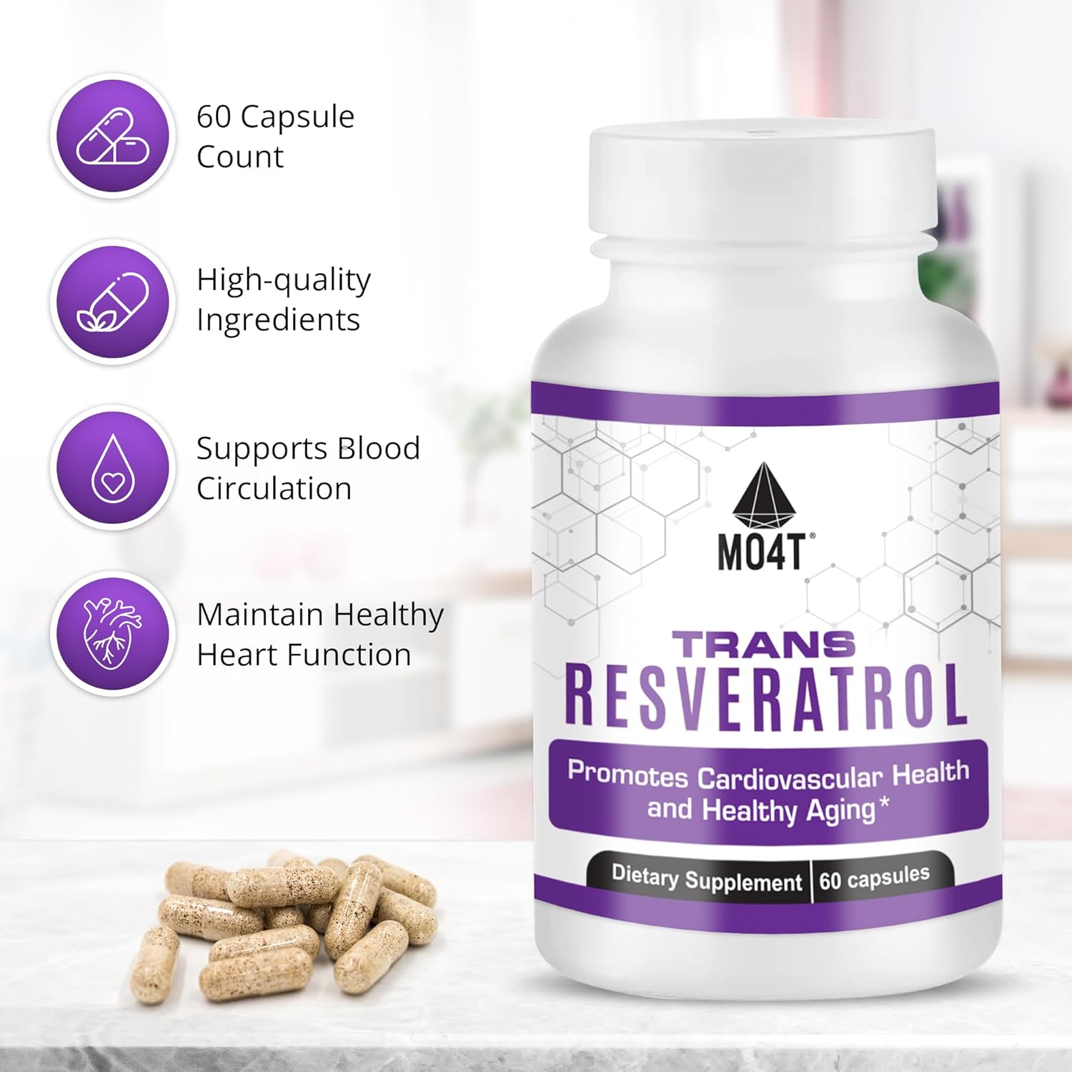 60 Capsules MO4T Trans Resveratrol Antioxidant Supplement for Combatting Oxidative Stress and Promoting Healthy Aging