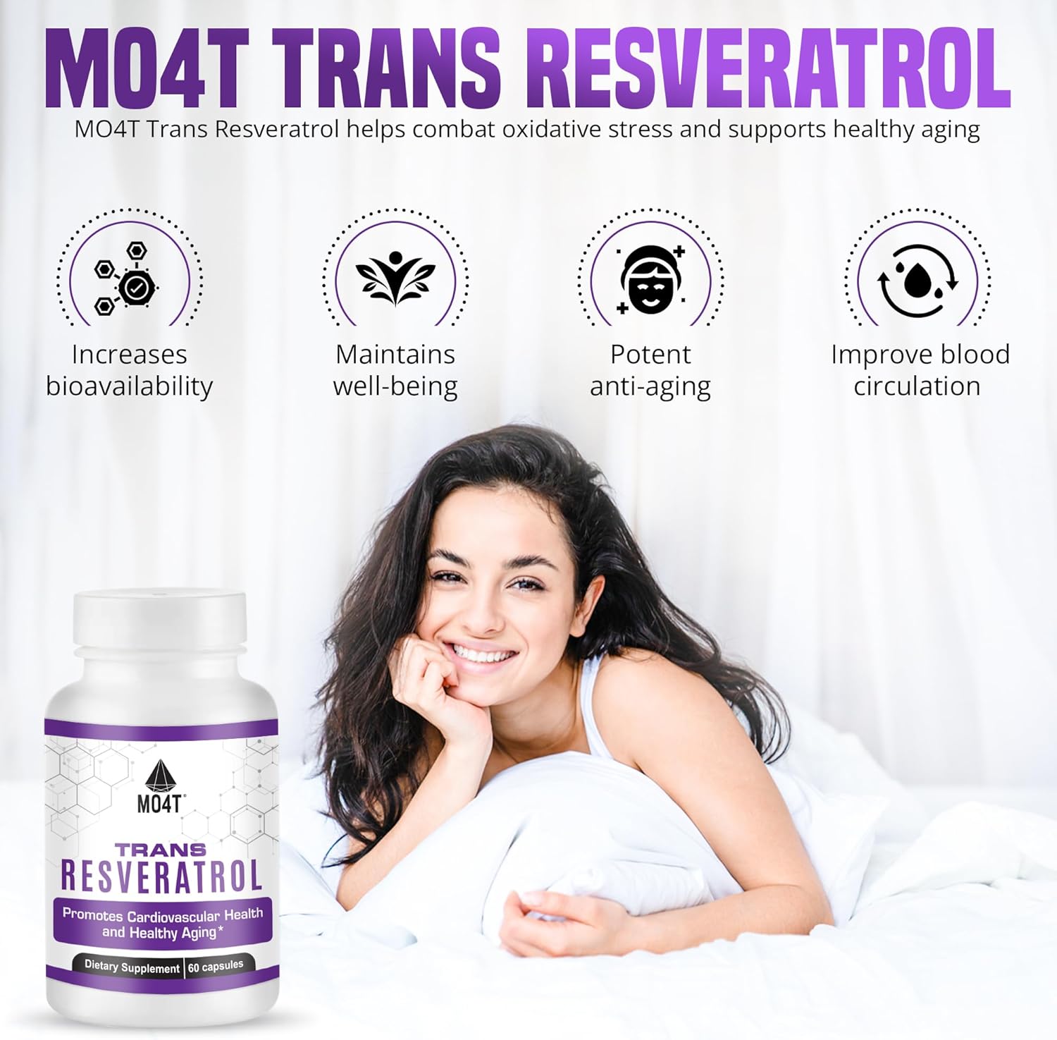 60 Capsules MO4T Trans Resveratrol Antioxidant Supplement for Combatting Oxidative Stress and Promoting Healthy Aging