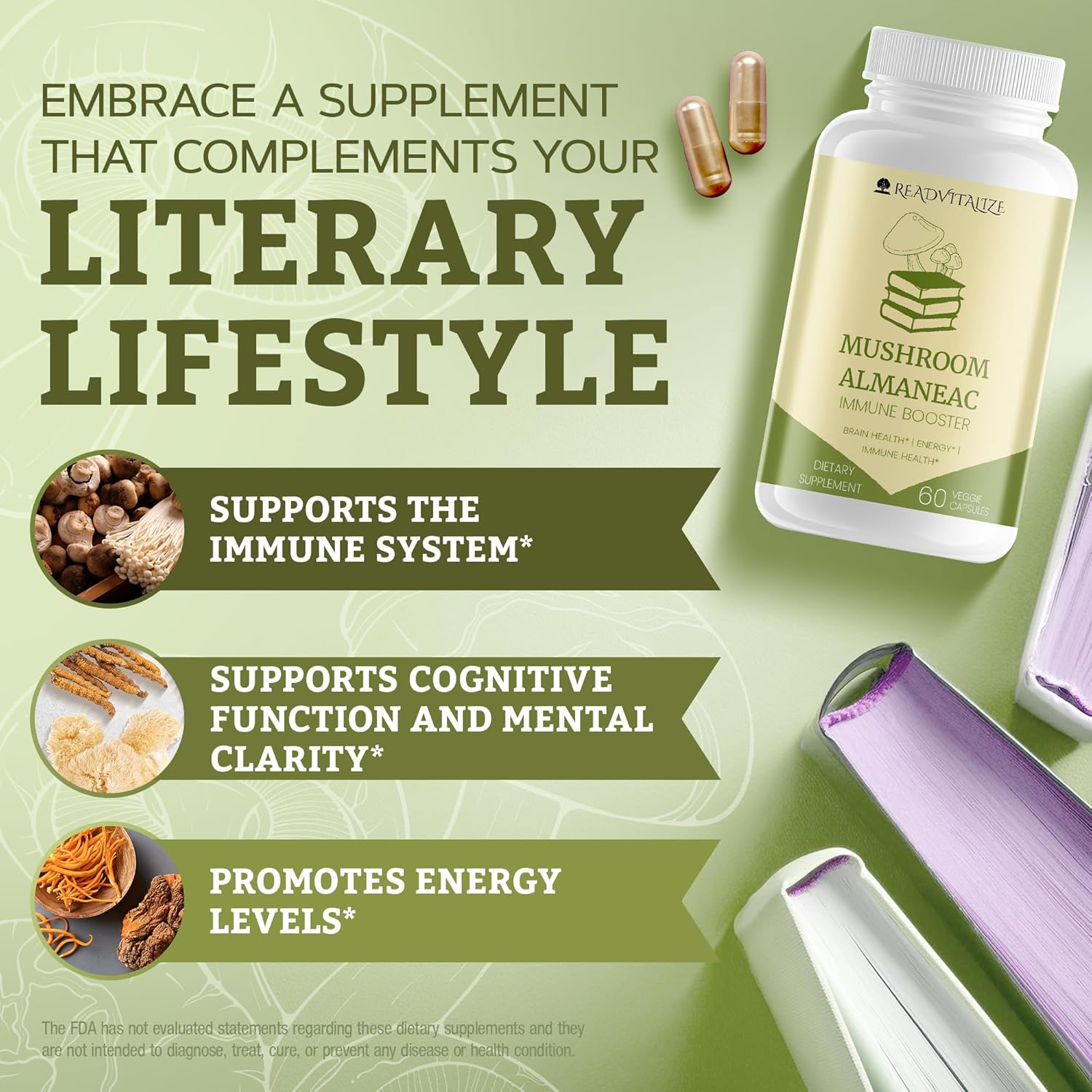 60 Capsules Mushroom Almanac Nootropics Brain Support Supplement - Boost Energy, Focus, Immune Support - Lions Mane, Cordyceps, Turkey Tail, Shiitake Mushrooms