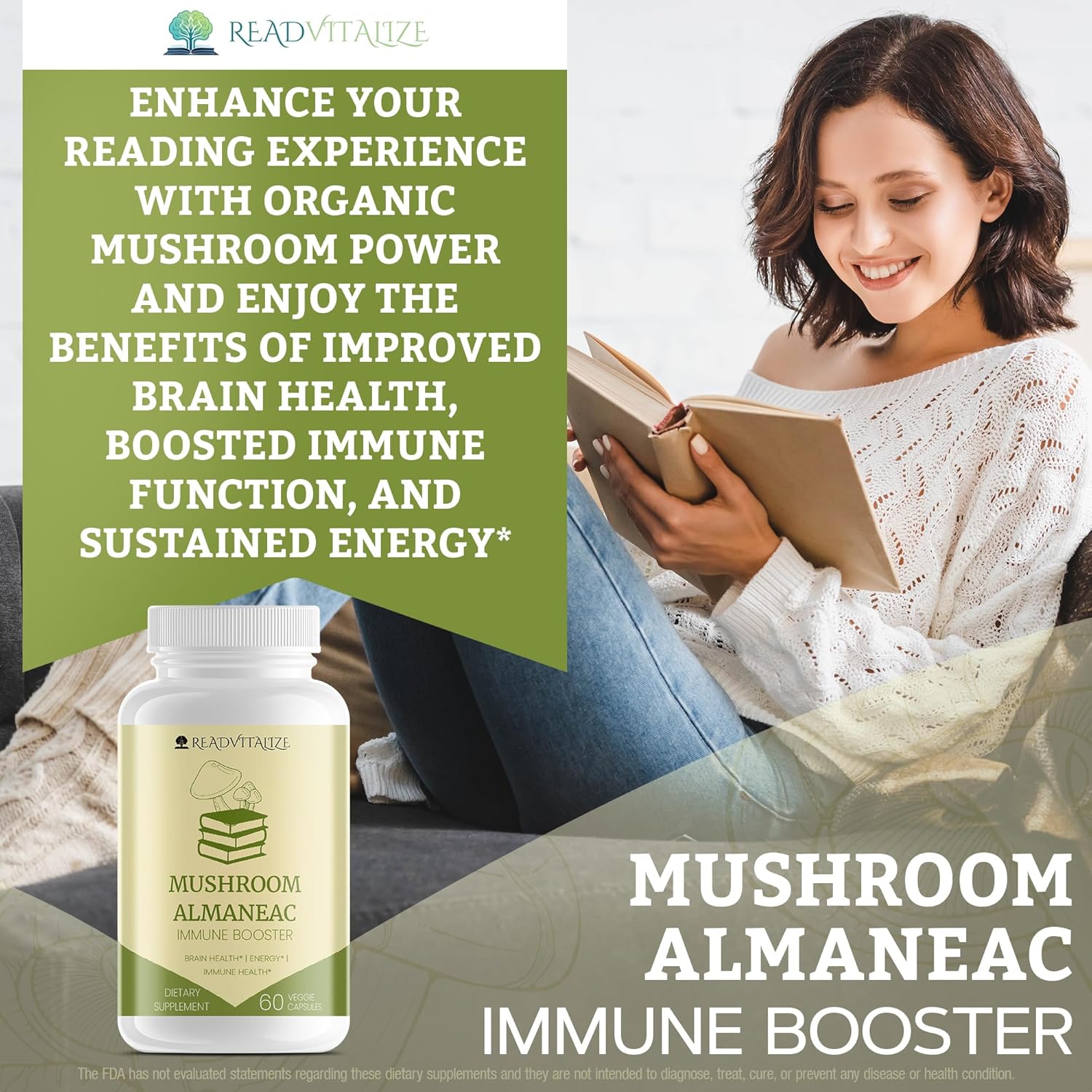 60 Capsules Mushroom Almanac Nootropics Brain Support Supplement - Boost Energy, Focus, Immune Support - Lions Mane, Cordyceps, Turkey Tail, Shiitake Mushrooms