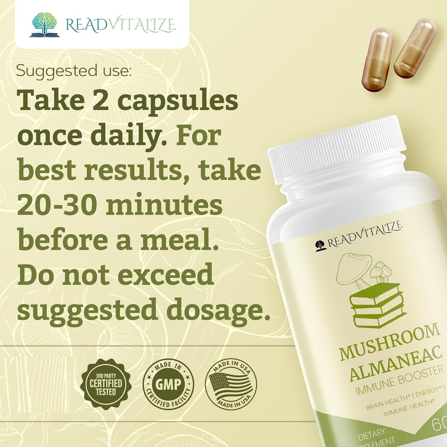 60 Capsules Mushroom Almanac Nootropics Brain Support Supplement - Boost Energy, Focus, Immune Support - Lions Mane, Cordyceps, Turkey Tail, Shiitake Mushrooms