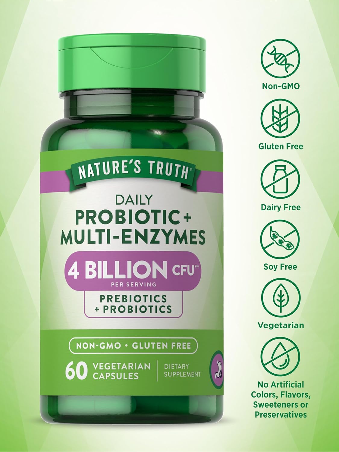 60 Capsules Nature's Truth Probiotics with Enzymes for Digestive Health - Non-GMO & Gluten Free - Stomach Friendly for Men and Women