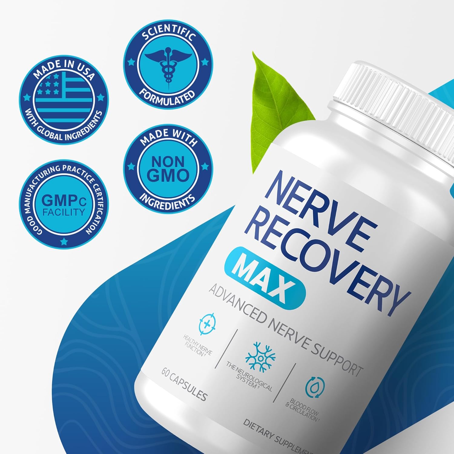 60 Capsules Nerve Recovery Max Supplement for Neurological Support, Promotes Circulation, Non-GMO - Made in USA, Nerve Health Formula