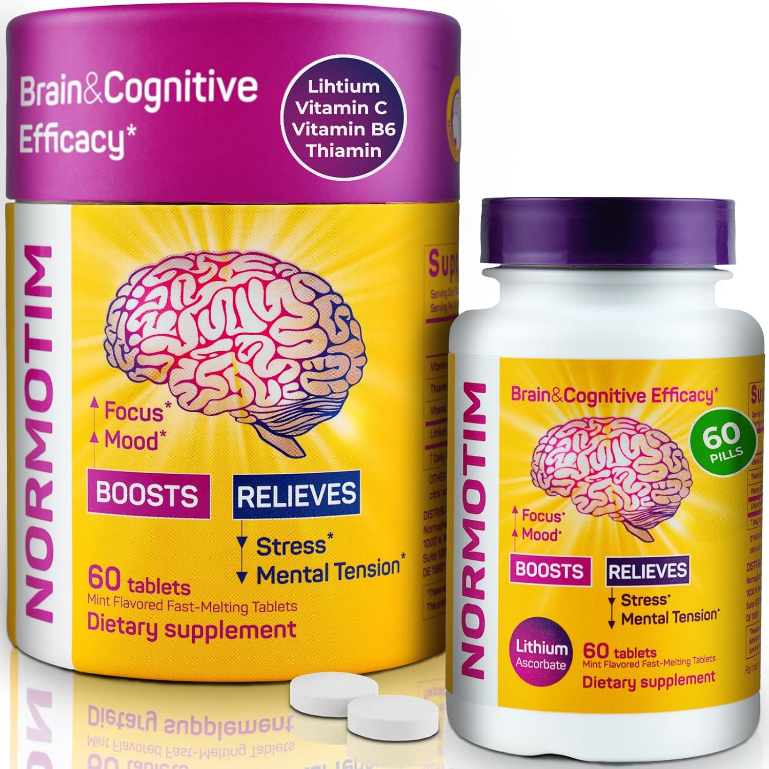 60 Capsules NORMOTIM Brain Supplement with Lithium Ascorbate 5 mg, Vitamin C, B1, B6 - Memory, Focus, and Stress Relief - Clarity and Productivity Support