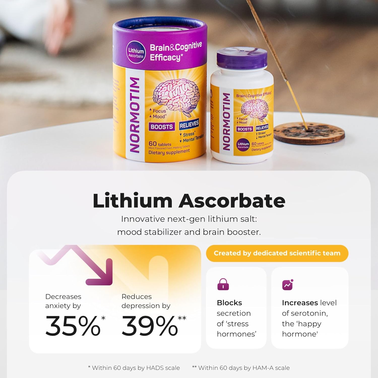 60 Capsules NORMOTIM Brain Supplement with Lithium Ascorbate 5 mg, Vitamin C, B1, B6 - Memory, Focus, and Stress Relief - Clarity and Productivity Support