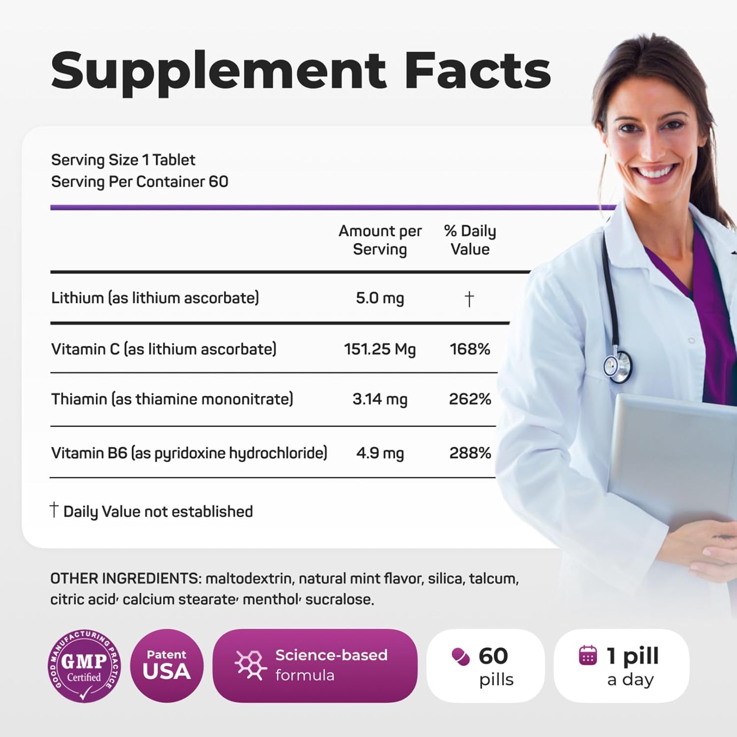 60 Capsules NORMOTIM Brain Supplement with Lithium Ascorbate 5 mg, Vitamin C, B1, B6 - Memory, Focus, and Stress Relief - Clarity and Productivity Support