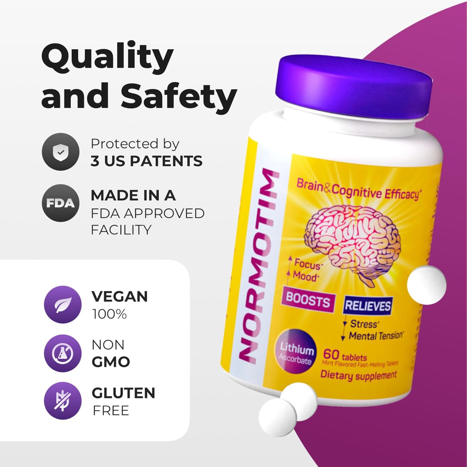 60 Capsules NORMOTIM Brain Supplement with Lithium Ascorbate 5 mg, Vitamin C, B1, B6 - Memory, Focus, and Stress Relief - Clarity and Productivity Support