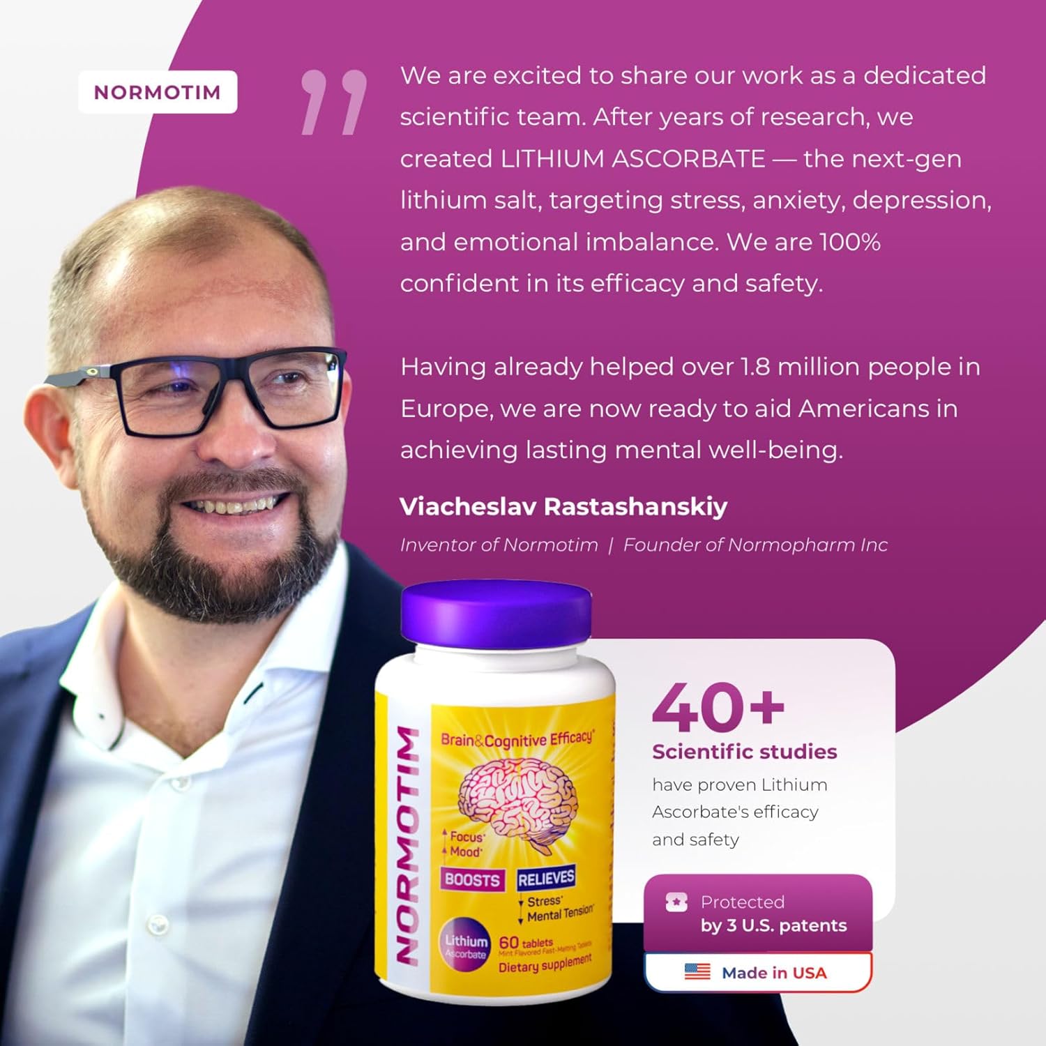 60 Capsules NORMOTIM Brain Supplement with Lithium Ascorbate 5 mg, Vitamin C, B1, B6 - Memory, Focus, and Stress Relief - Clarity and Productivity Support