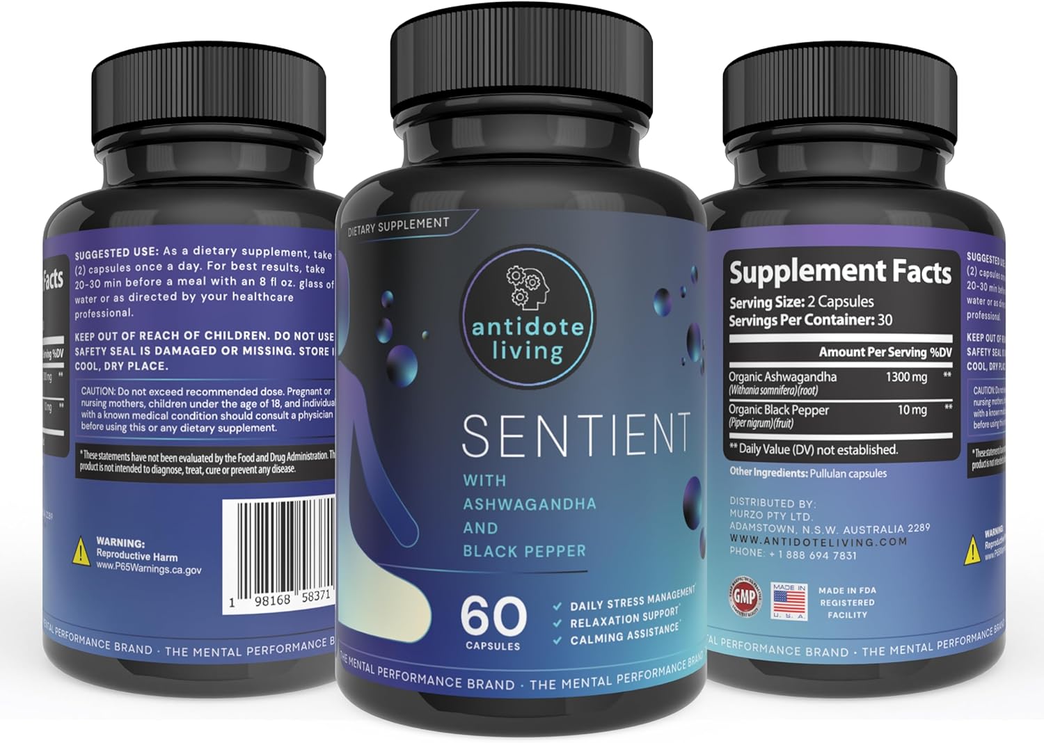 60 Capsules of Antidote Living Sentient Formula with Ashwagandha and Black Pepper for Natural Wellness