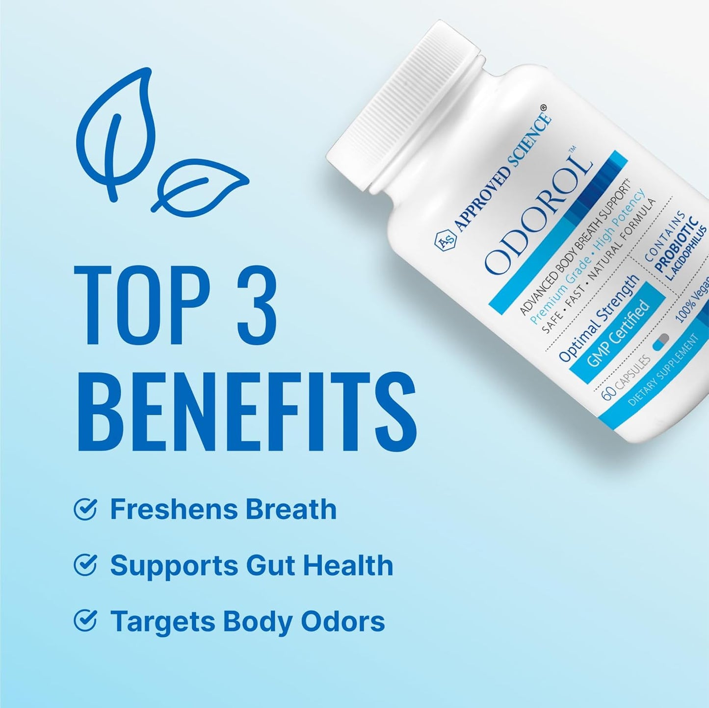 60 Capsules of Approved Science Odorol - Natural Fresh Breath and Body Odor Solution with L.acidophilus, Green Tea, and Peppermint Oil - Vegan and Non-GMO