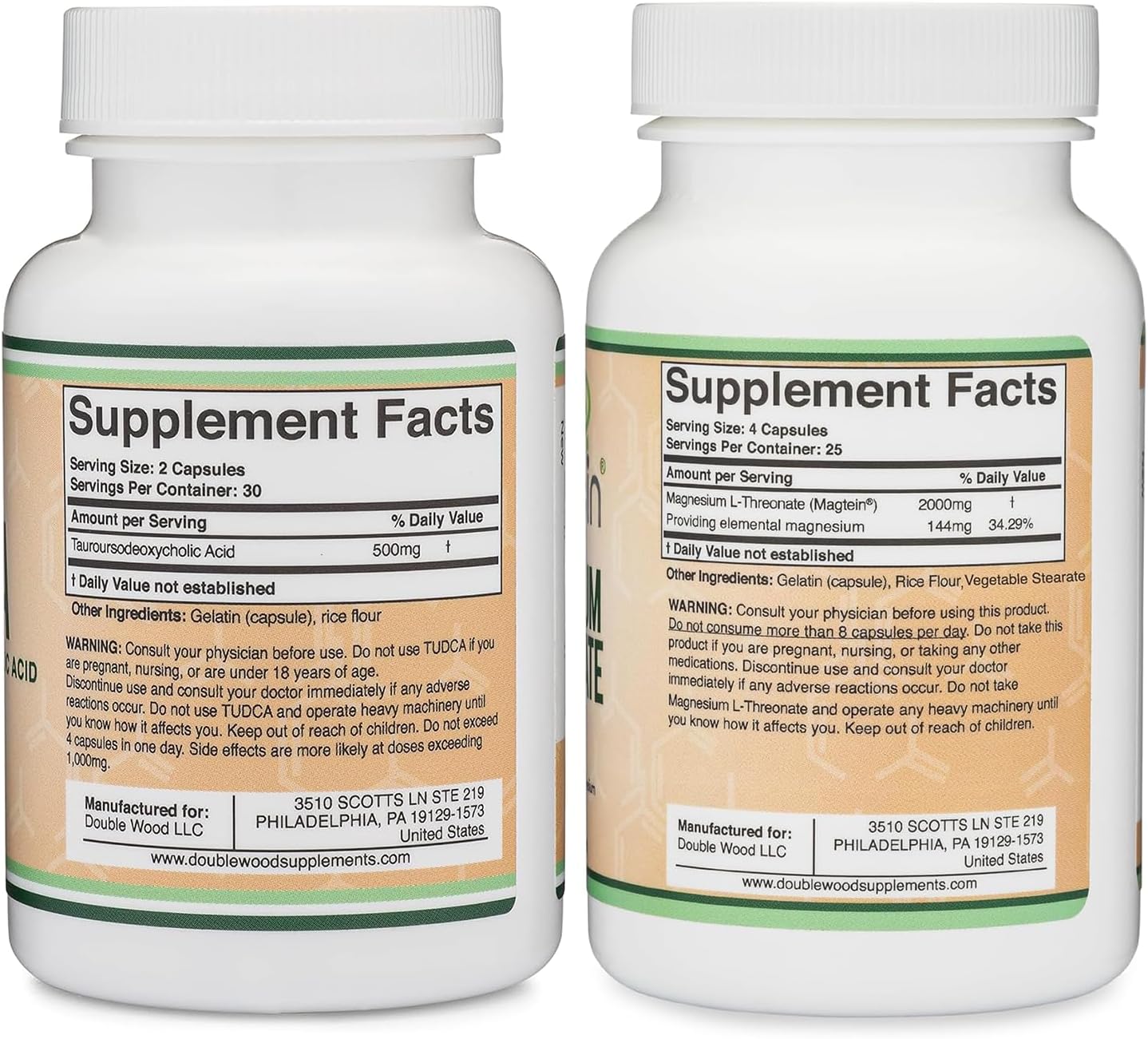 60 Capsules of Double Wood Supplements TUDCA Bile Salts + 100 Capsules of Magnesium L Threonate (Magtein)