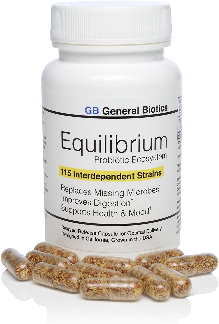 60 Capsules of General Biotics Equilibrium Probiotic Supplement with Prebiotic - Daily Time Release - Highest Strain Count - 2 Bottles