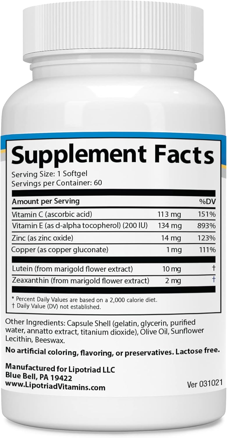 60 Capsules of Lipotriad Visionary Eye Vitamins with Lutein, Zeaxanthin, and AREDS 2® for Macular Degeneration & Vision Support