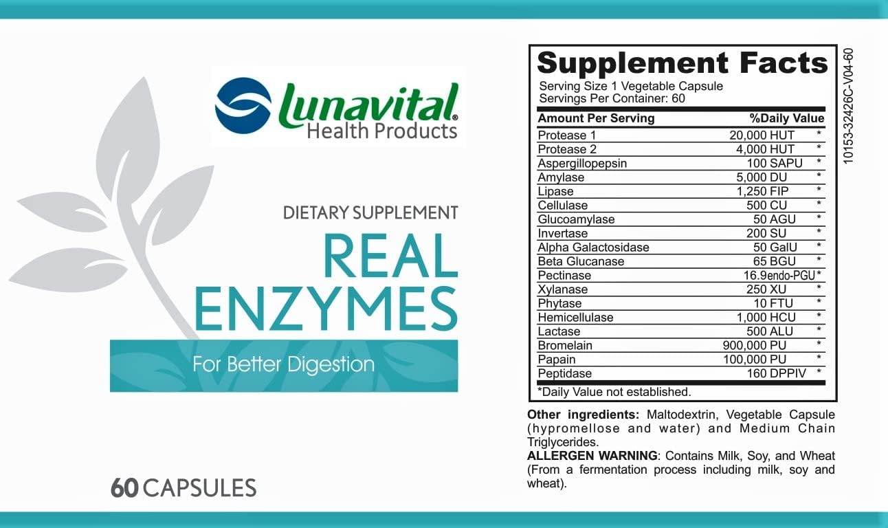 60 Capsules of Lunavital Real Enzymes for Improved Digestion - Dietary Supplement