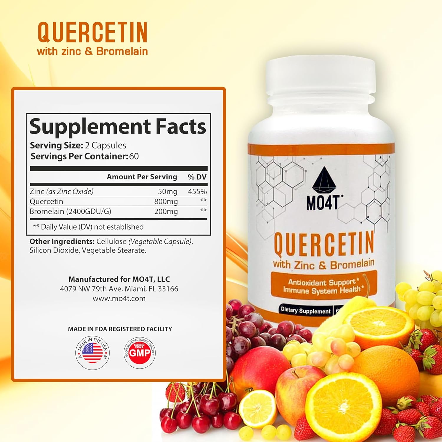 60 Capsules of MO4T Quercetin & Bromelain with Zinc for Immune System Support and Antioxidant Health - 1050 mg Potent Dietary Supplement Formula