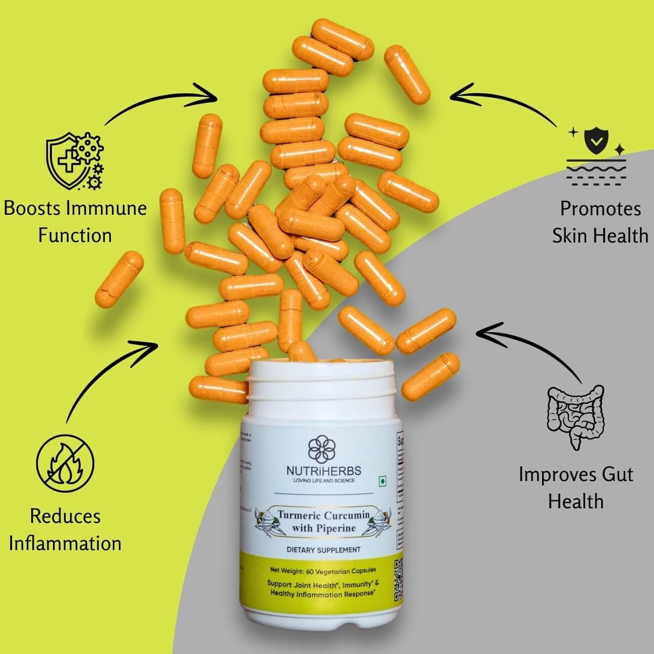 60 Capsules of Nutriherbs Turmeric Curcumin with Piperine for Enhanced Absorption and Wellness