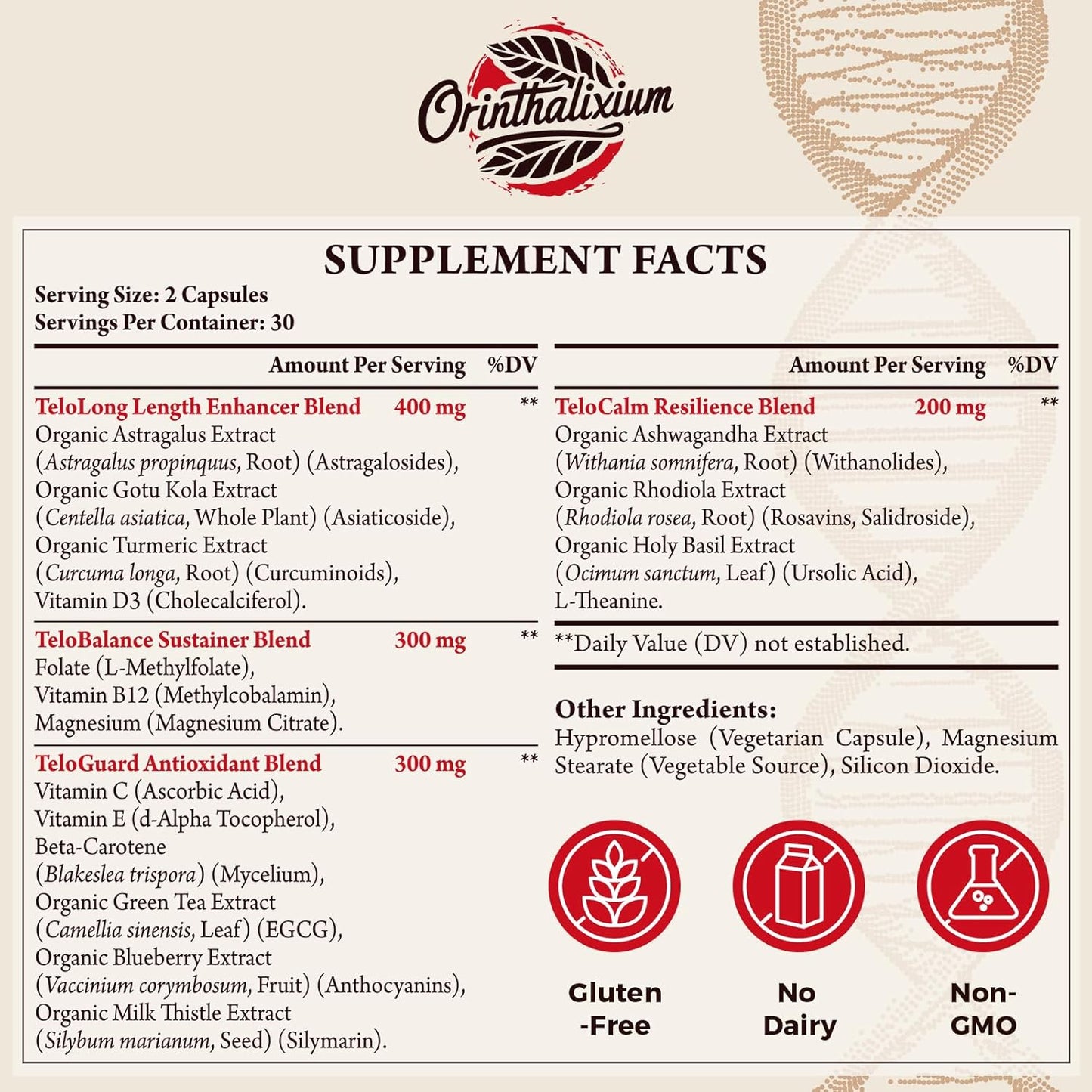60 Capsules of Orinthalixium Telomere Lengthening Supplements with Astragalus Extract, Vitamin D3 - Cellular, DNA, Immune Support