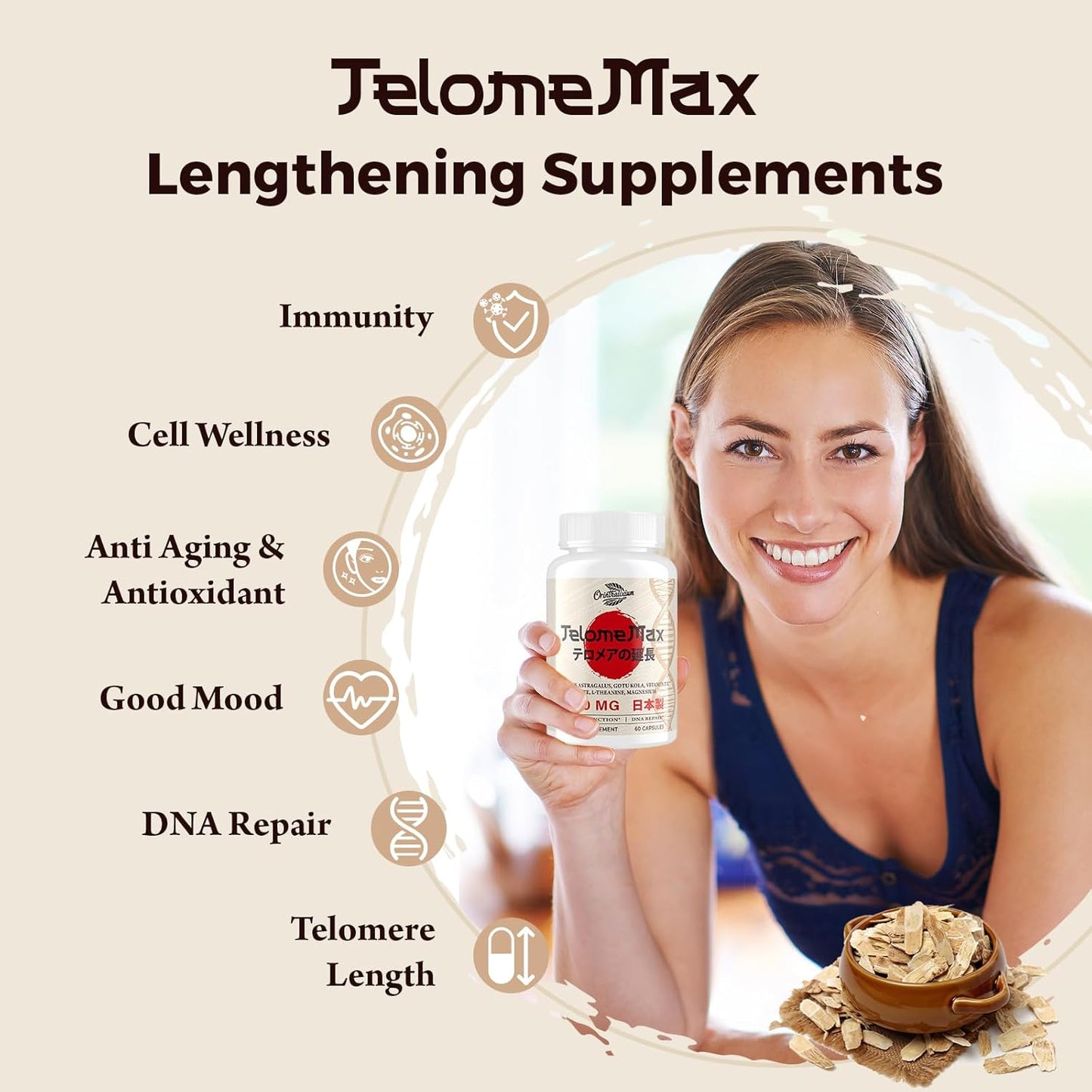 60 Capsules of Orinthalixium Telomere Lengthening Supplements with Astragalus Extract, Vitamin D3 - Cellular, DNA, Immune Support