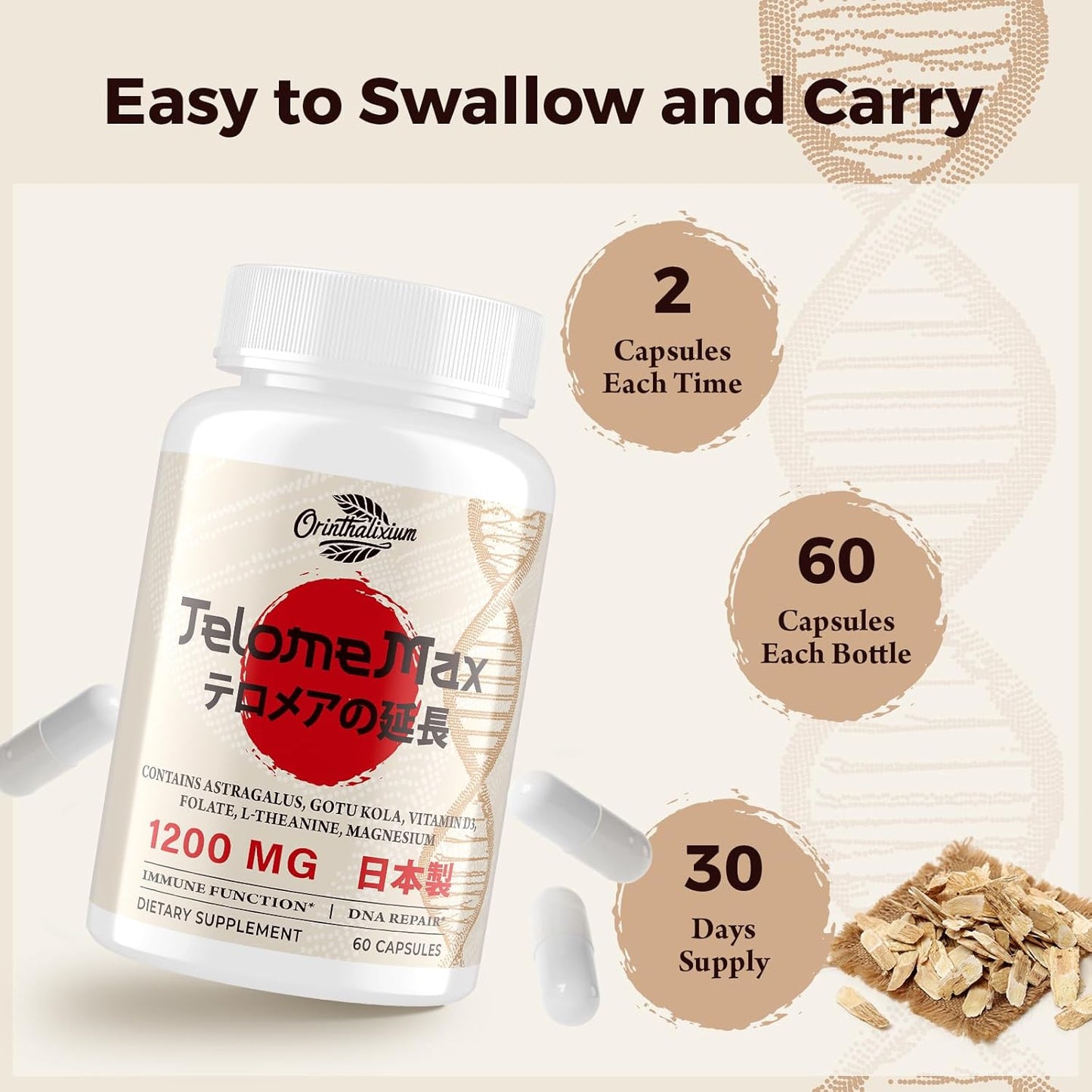 60 Capsules of Orinthalixium Telomere Lengthening Supplements with Astragalus Extract, Vitamin D3 - Cellular, DNA, Immune Support