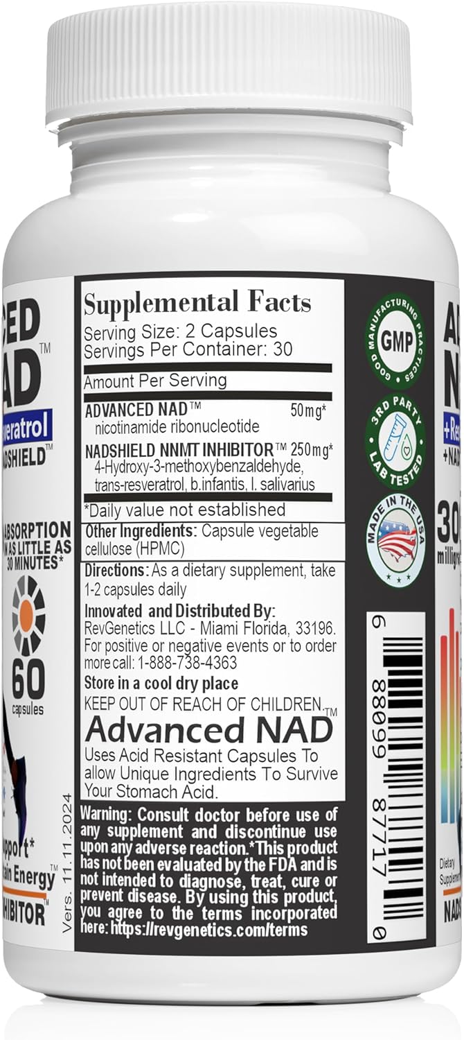 60 Capsules of REVGENETICS Advanced NAD+ Supplement - Promotes Healthy Aging and Longevity