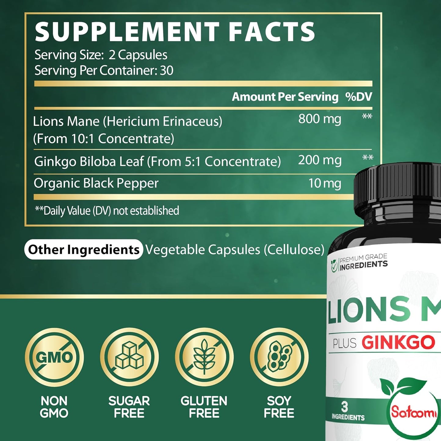60 Capsules of Satoomi Lions Mane & Ginkgo Biloba Supplement - Boost Brain Health, Immune System, Focus - Gluten-Free, Non-GMO - Extra Strength Formula for Restful Mind