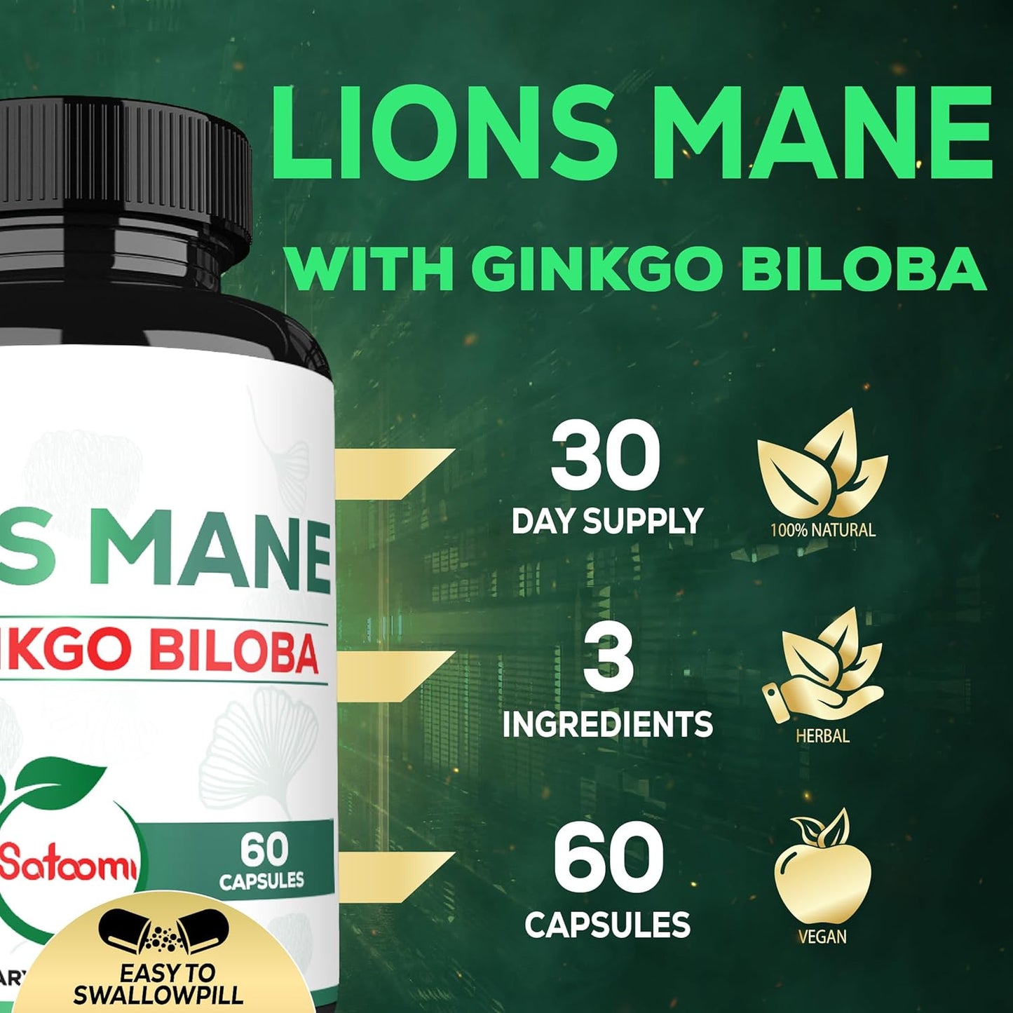 60 Capsules of Satoomi Lions Mane & Ginkgo Biloba Supplement - Boost Brain Health, Immune System, Focus - Gluten-Free, Non-GMO - Extra Strength Formula for Restful Mind