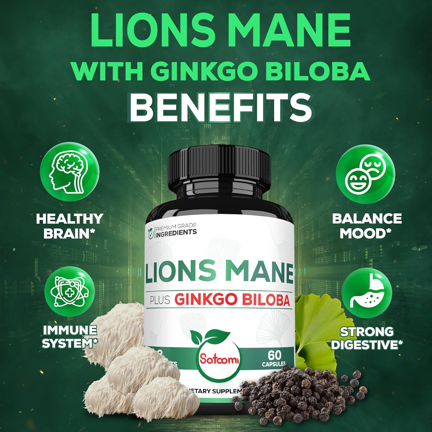 60 Capsules of Satoomi Lions Mane & Ginkgo Biloba Supplement - Boost Brain Health, Immune System, Focus - Gluten-Free, Non-GMO - Extra Strength Formula for Restful Mind