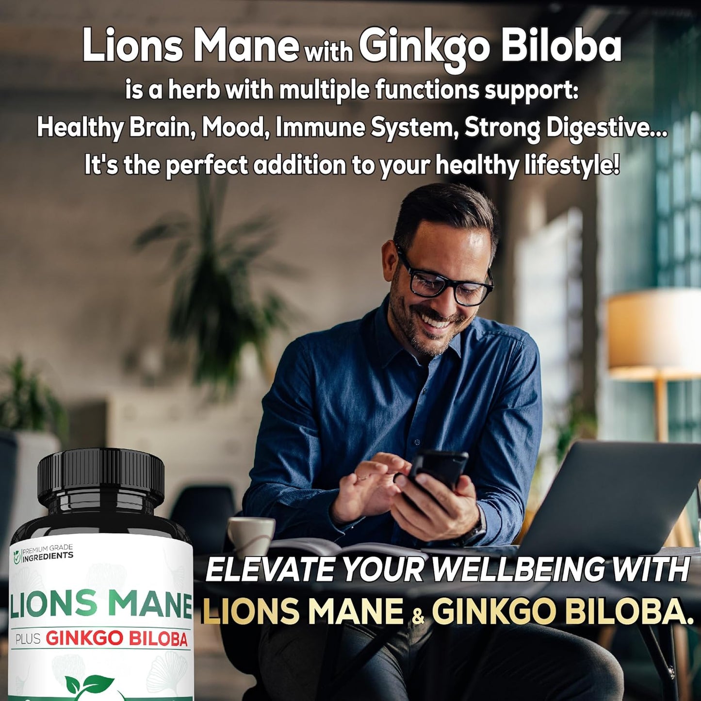 60 Capsules of Satoomi Lions Mane & Ginkgo Biloba Supplement - Boost Brain Health, Immune System, Focus - Gluten-Free, Non-GMO - Extra Strength Formula for Restful Mind