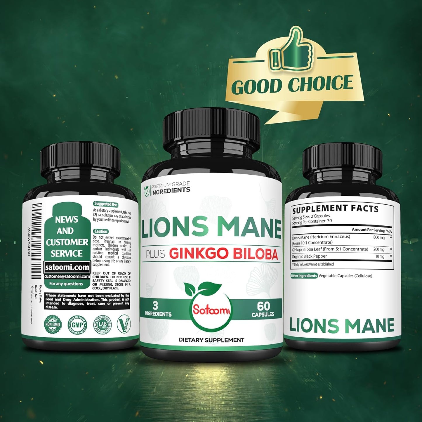 60 Capsules of Satoomi Lions Mane & Ginkgo Biloba Supplement - Boost Brain Health, Immune System, Focus - Gluten-Free, Non-GMO - Extra Strength Formula for Restful Mind