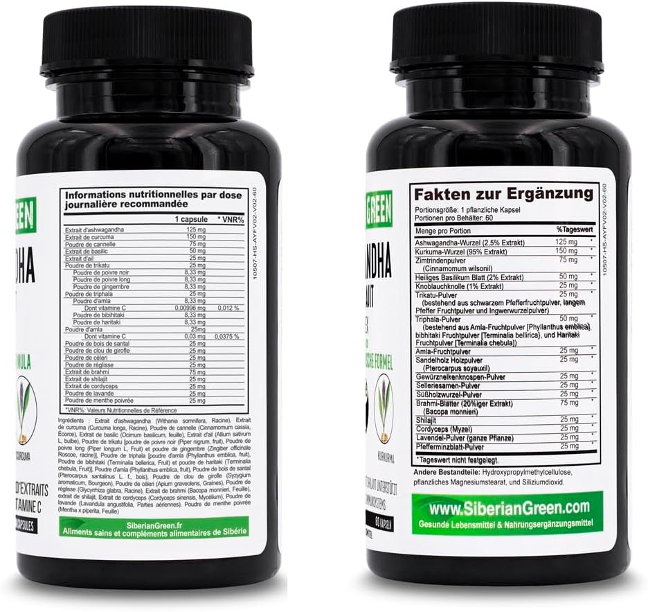 60 Capsules of Siberian Green Ashwagandha, Altai Shilajit, and Turmeric Ayurvedic Complex for Stress Relief, Energy, Mood, and Immune System Support