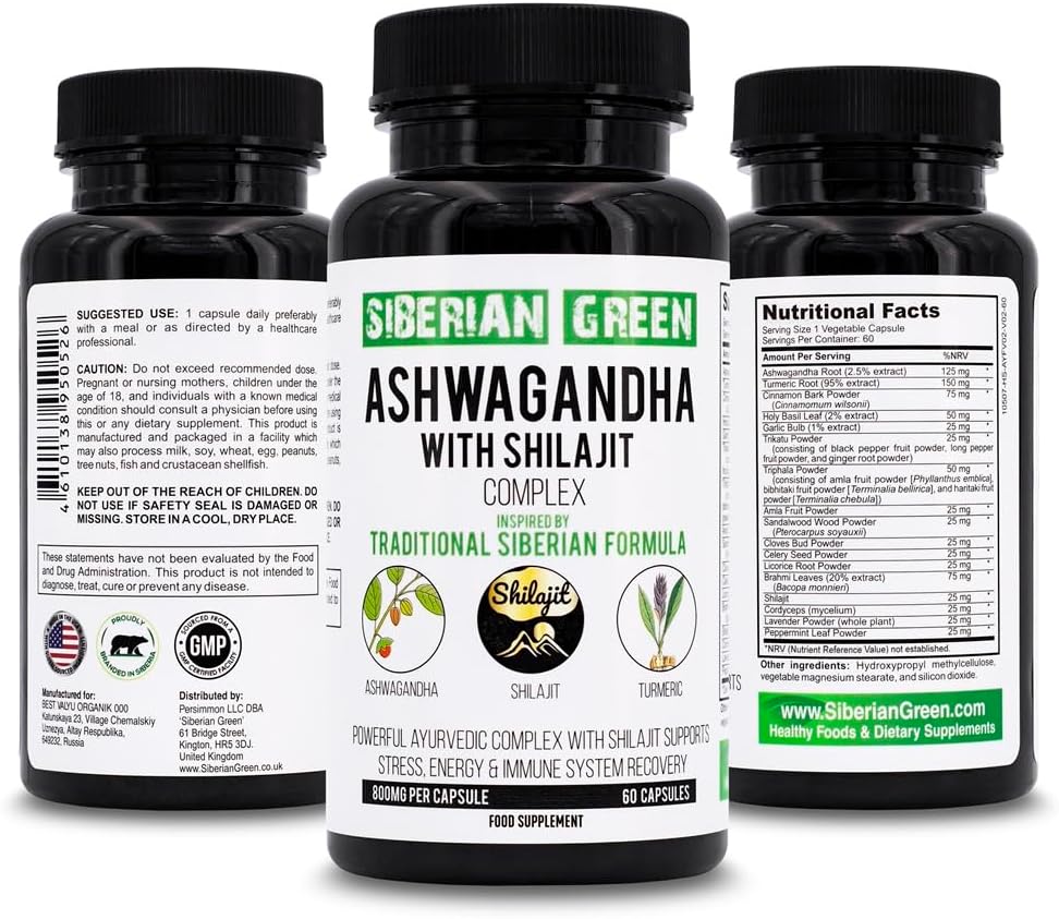 60 Capsules of Siberian Green Ashwagandha, Altai Shilajit, and Turmeric Ayurvedic Complex for Stress Relief, Energy, Mood, and Immune System Support