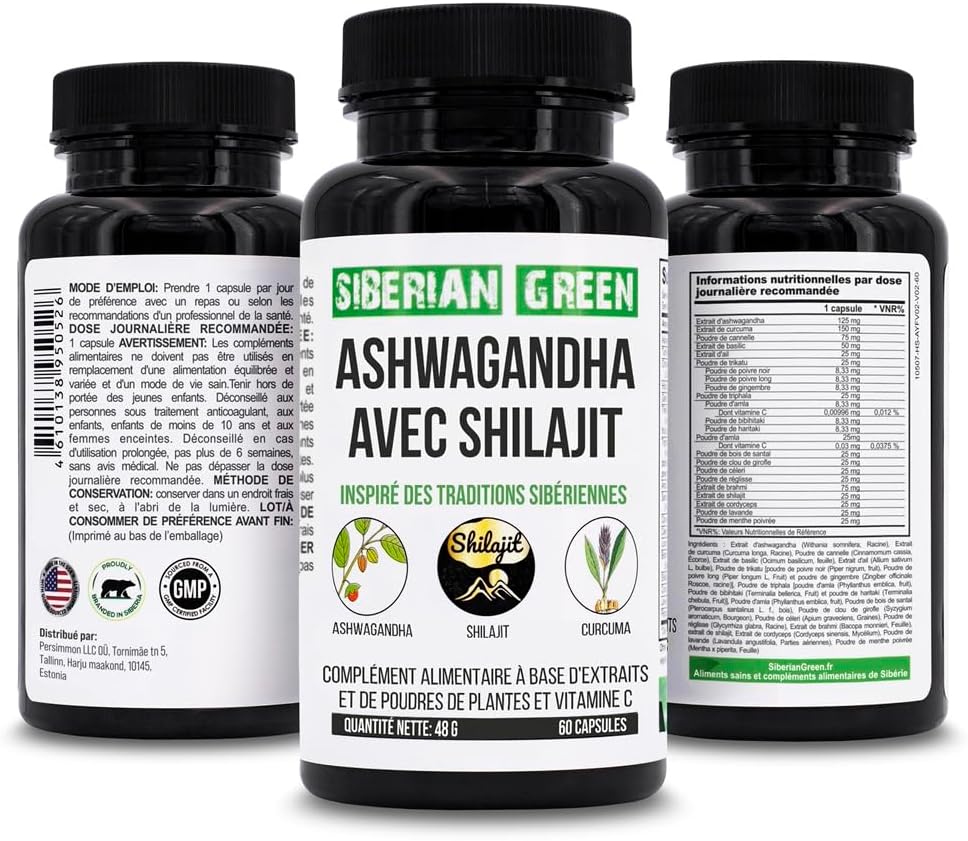 60 Capsules of Siberian Green Ashwagandha, Altai Shilajit, and Turmeric Ayurvedic Complex for Stress Relief, Energy, Mood, and Immune System Support