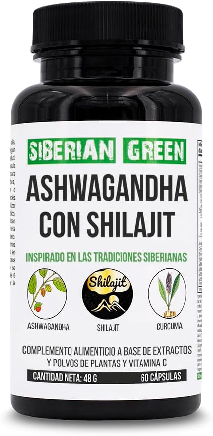 60 Capsules of Siberian Green Ashwagandha, Altai Shilajit, and Turmeric Ayurvedic Complex for Stress Relief, Energy, Mood, and Immune System Support