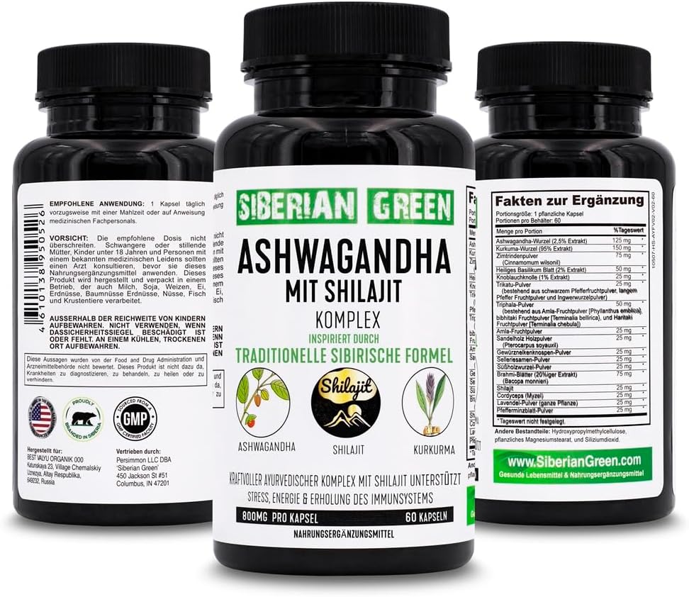 60 Capsules of Siberian Green Ashwagandha, Altai Shilajit, and Turmeric Ayurvedic Complex for Stress Relief, Energy, Mood, and Immune System Support