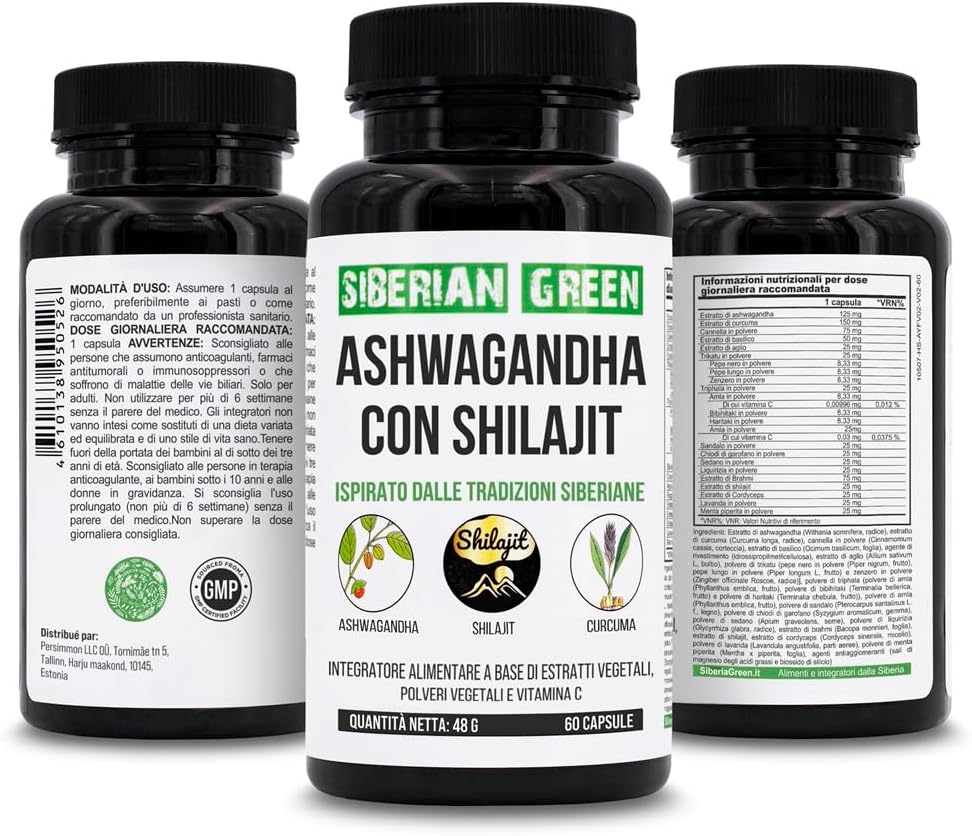 60 Capsules of Siberian Green Ashwagandha, Altai Shilajit, and Turmeric Ayurvedic Complex for Stress Relief, Energy, Mood, and Immune System Support