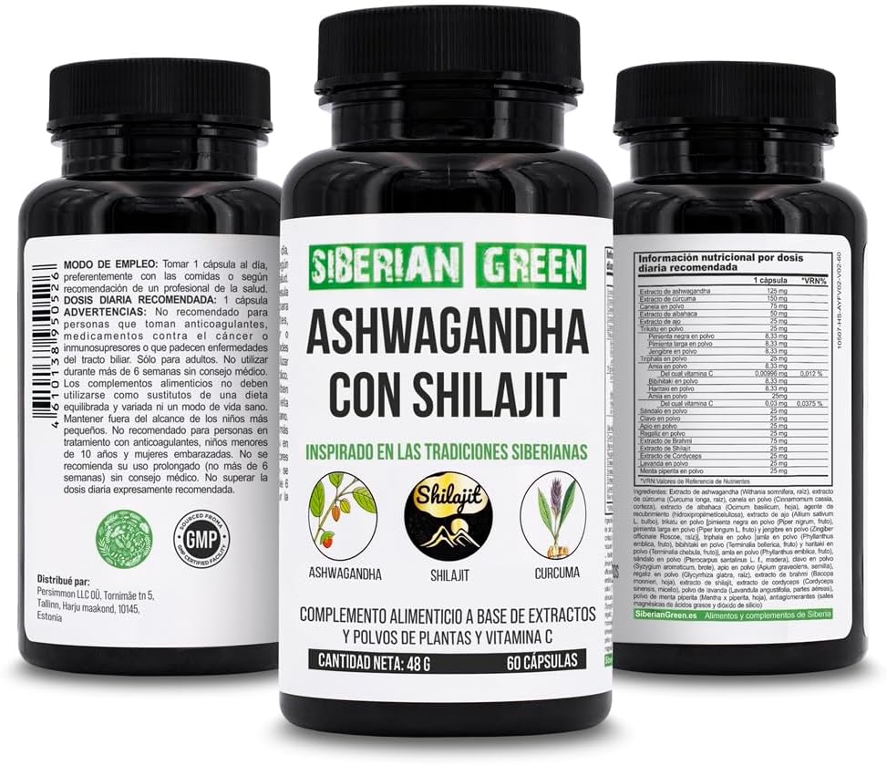 60 Capsules of Siberian Green Ashwagandha, Altai Shilajit, and Turmeric Ayurvedic Complex for Stress Relief, Energy, Mood, and Immune System Support