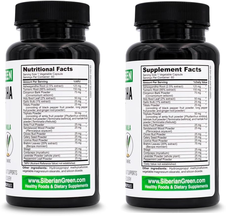 60 Capsules of Siberian Green Ashwagandha, Altai Shilajit, and Turmeric Ayurvedic Complex for Stress Relief, Energy, Mood, and Immune System Support