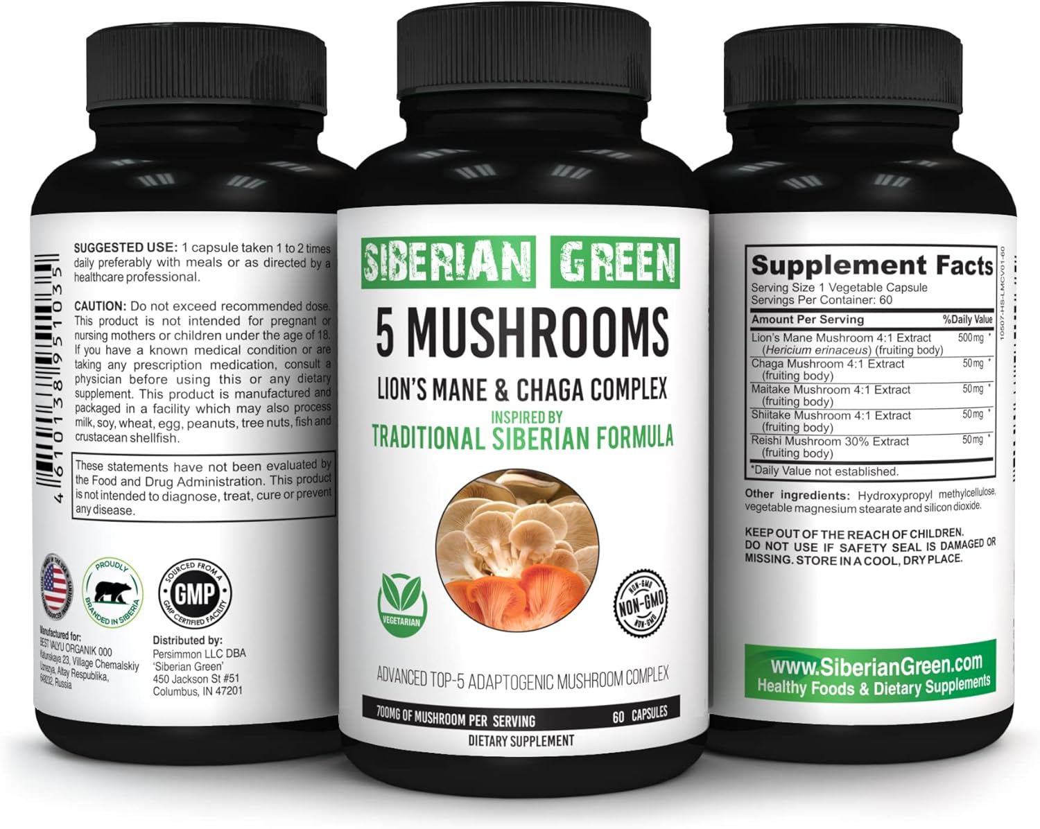 60 Capsules of Siberian Green Mushroom Blend with Lions Mane, Chaga, Shiitake, Maitake, Reishi