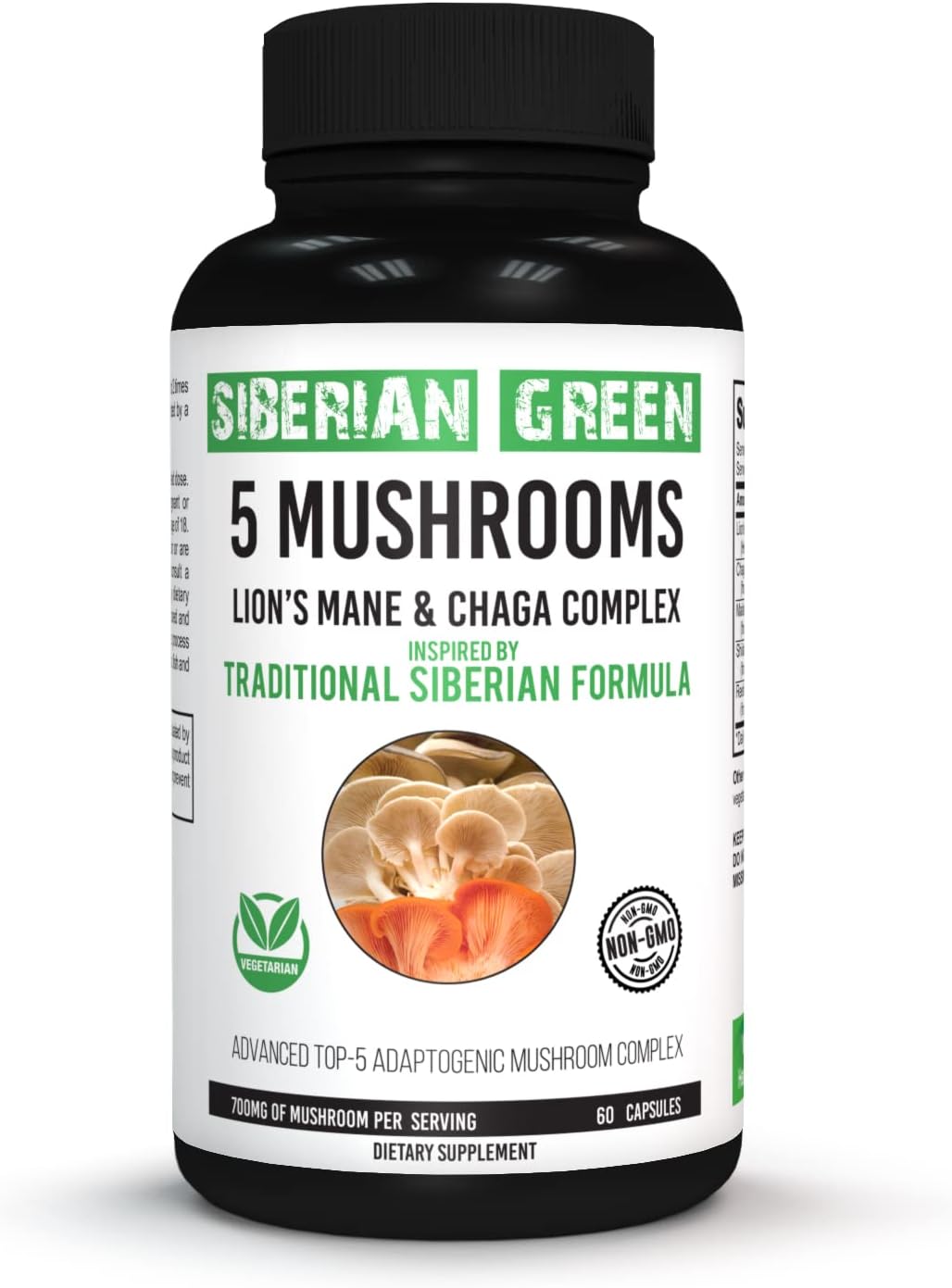 60 Capsules of Siberian Green Mushroom Blend with Lions Mane, Chaga, Shiitake, Maitake, Reishi