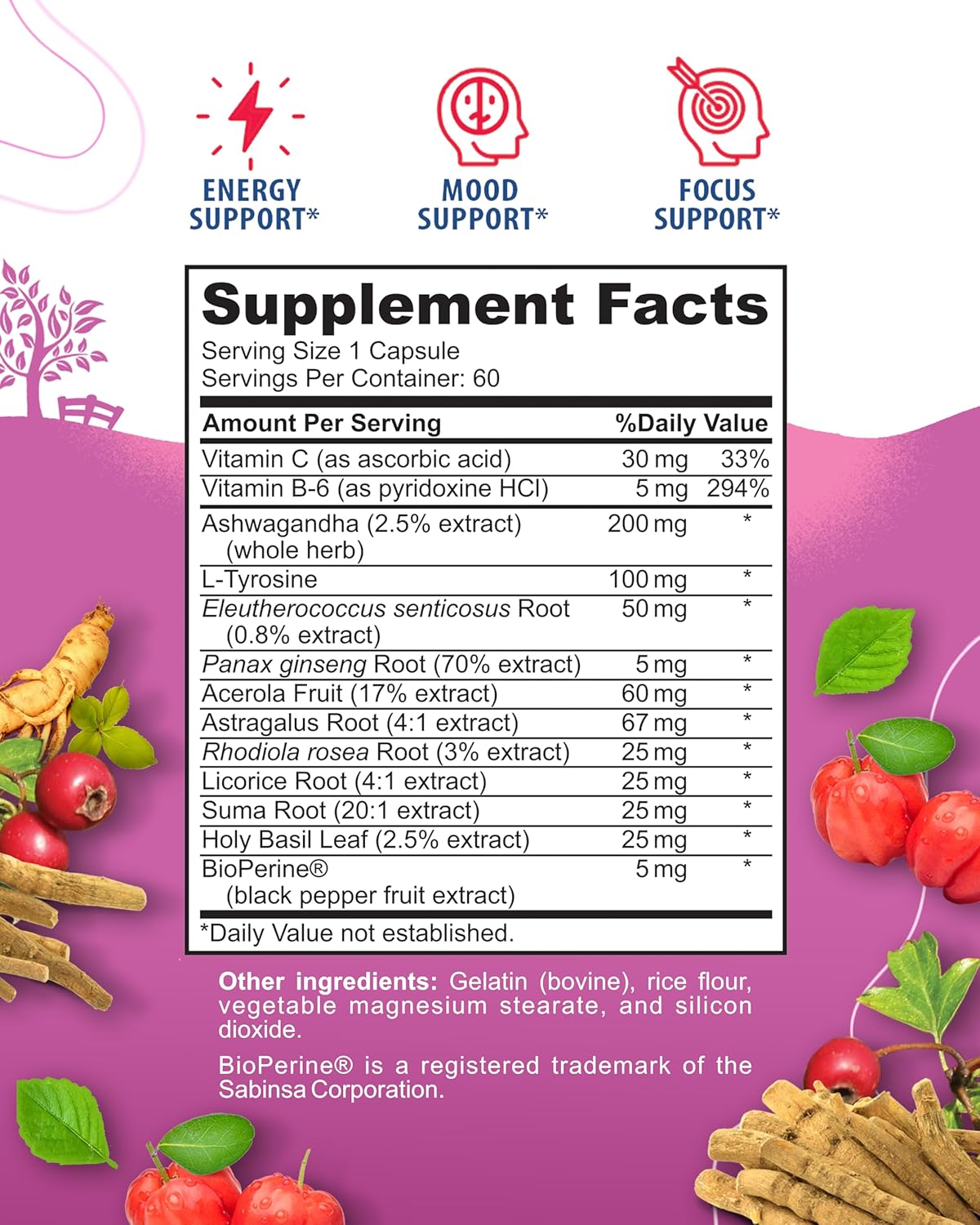 60 Capsules of SUNNY SAM Adrenal Cortex Support Supplements for Healthy Cortisol Levels, Energy, and Stress Relief