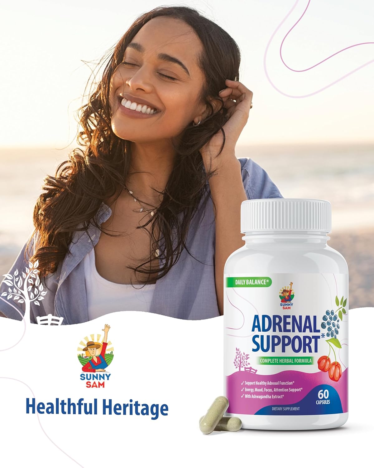 60 Capsules of SUNNY SAM Adrenal Cortex Support Supplements for Healthy Cortisol Levels, Energy, and Stress Relief