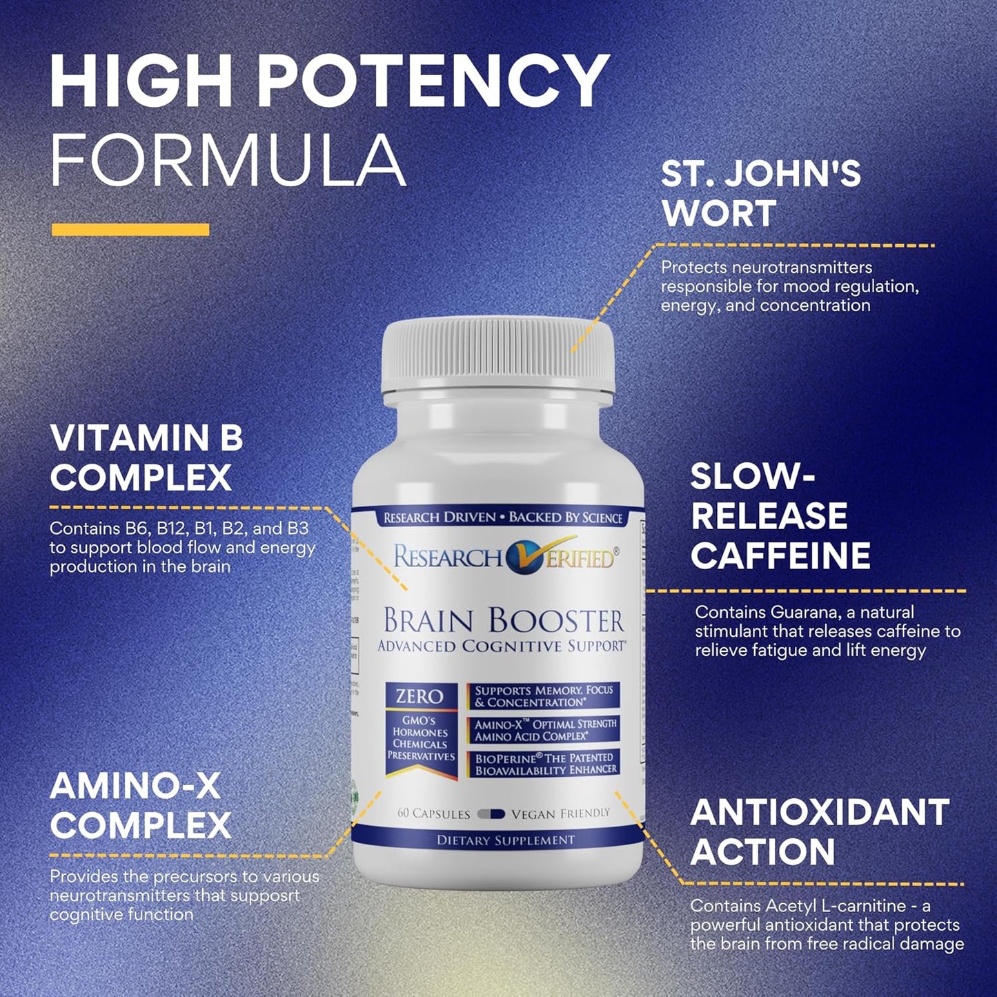 60 Capsules of Vegan Nootropic Brain Booster for Cognitive Function - Research Verified Formula
