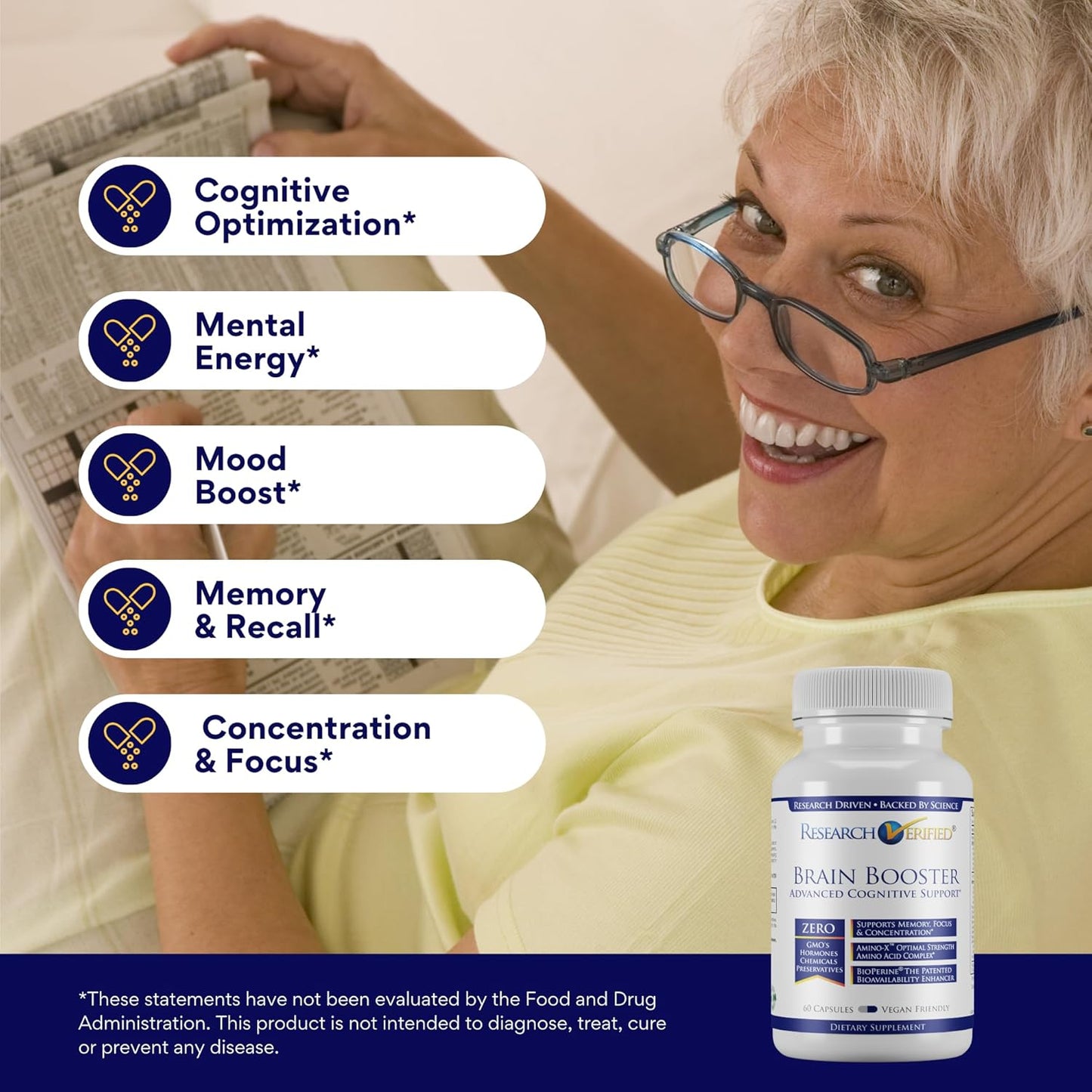 60 Capsules of Vegan Nootropic Brain Booster for Cognitive Function - Research Verified Formula