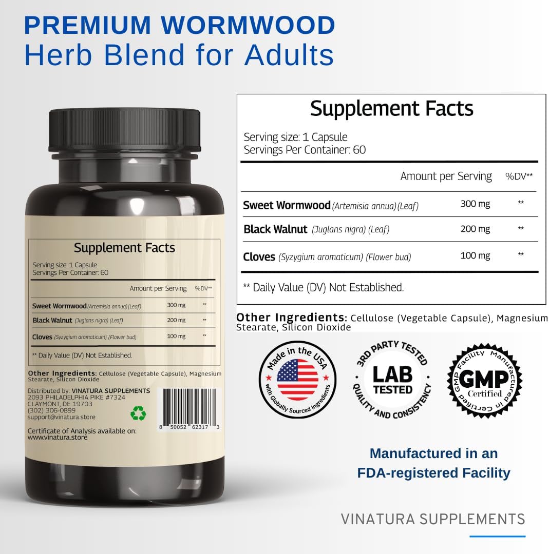 60 Capsules of VINATURA Wormwood Black Walnut Clove Blend for Human Health
