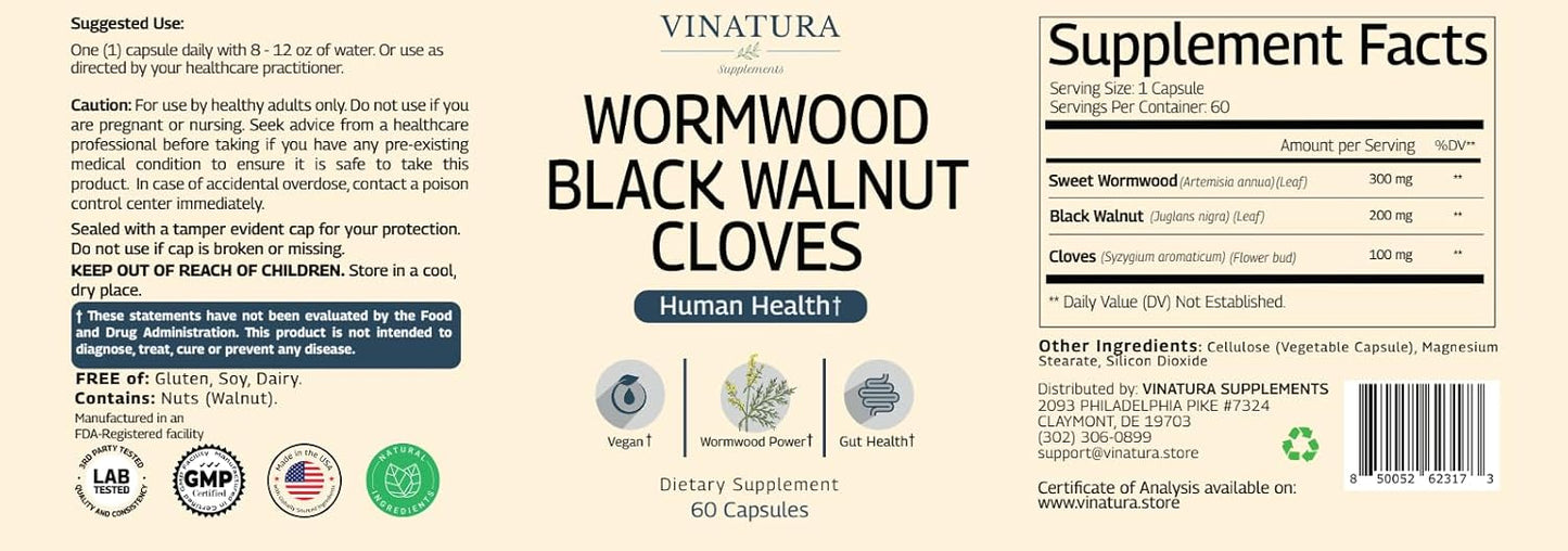 60 Capsules of VINATURA Wormwood Black Walnut Clove Blend for Human Health